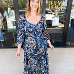 Blue Paisley Midi Dress-500 Midi-SKIES ARE BLUE-July & June Women's Fashion Boutique Located in San Antonio, Texas