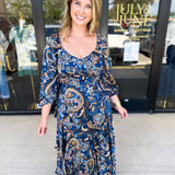 Blue Paisley Midi Dress-500 Midi-SKIES ARE BLUE-July & June Women's Fashion Boutique Located in San Antonio, Texas