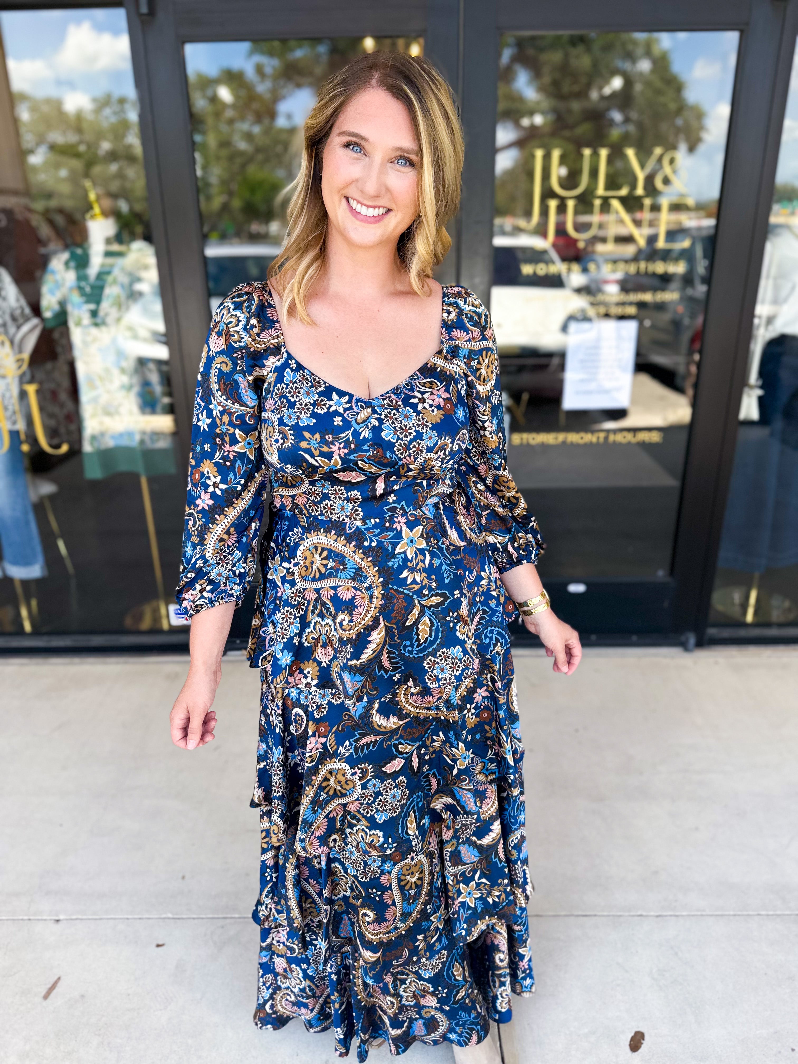 Blue Paisley Midi Dress-500 Midi-SKIES ARE BLUE-July & June Women's Fashion Boutique Located in San Antonio, Texas
