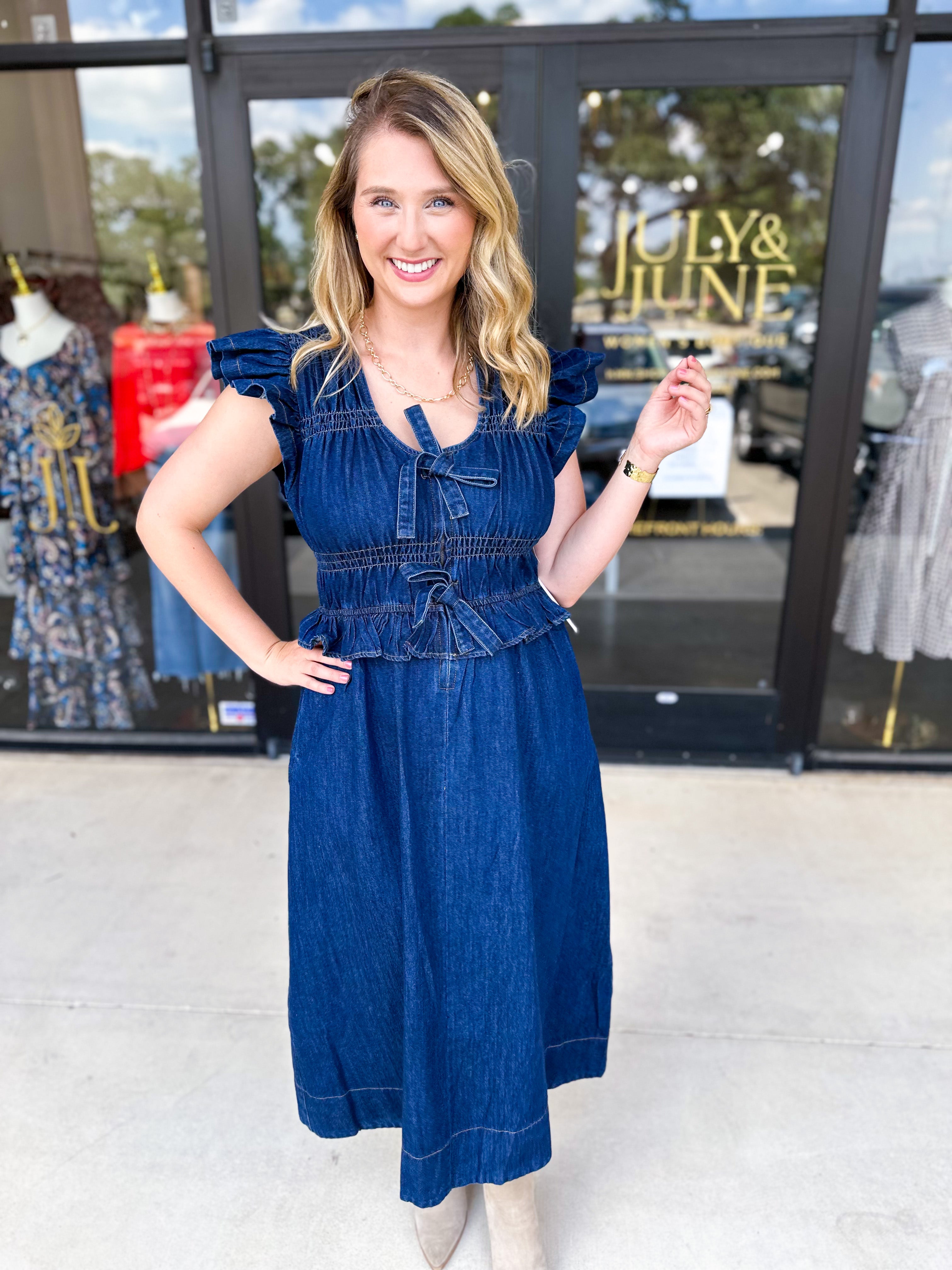 Denim Sweetheart Midi Dress-500 Midi-FATE-July & June Women's Fashion Boutique Located in San Antonio, Texas