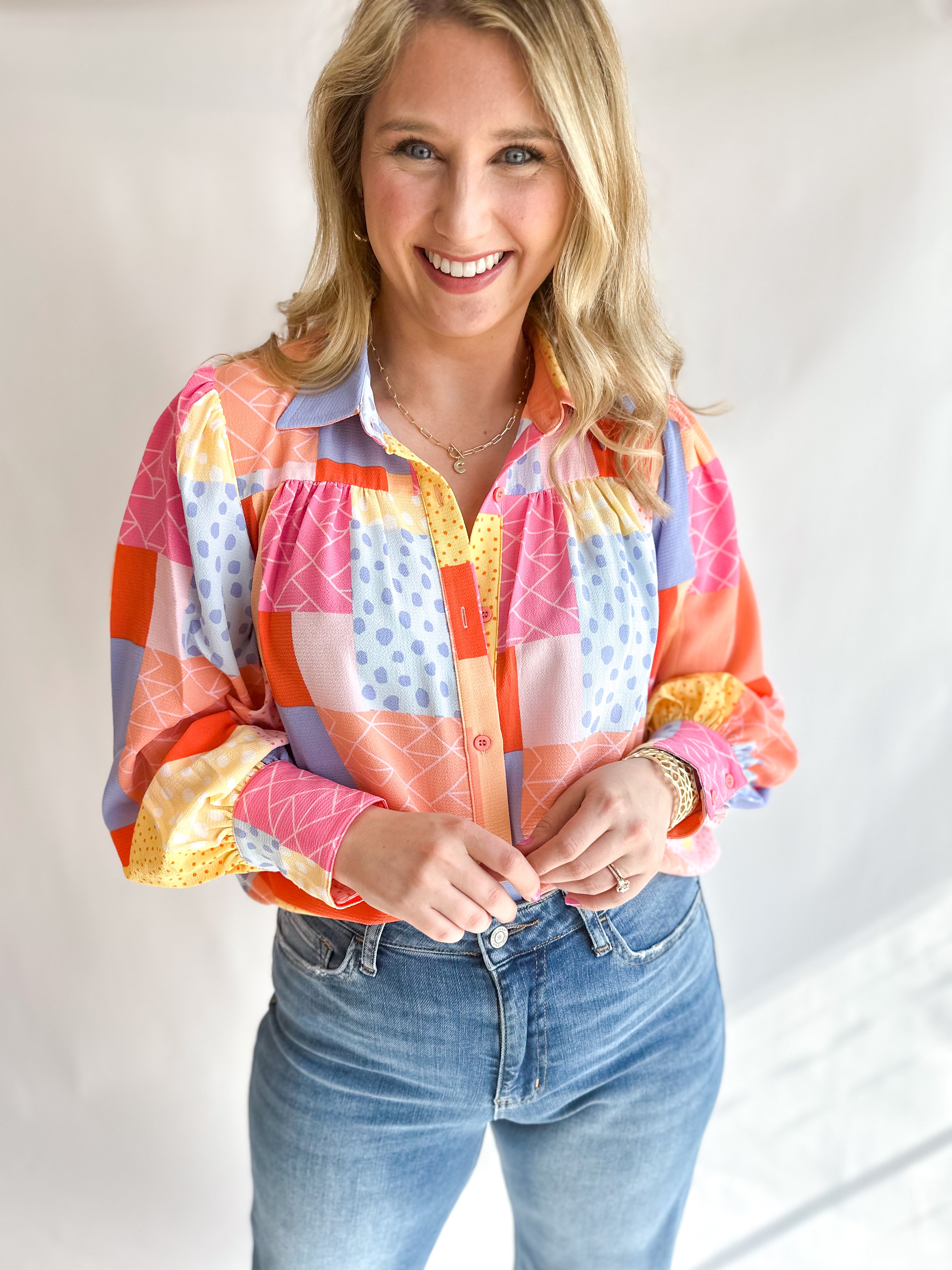 Pastel Patchwork Button Down Blouse-200 Fashion Blouses-FATE-July & June Women's Fashion Boutique Located in San Antonio, Texas