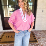 Seersucker Sweet Blouse - Pink-200 Fashion Blouses-ENTRO-July & June Women's Fashion Boutique Located in San Antonio, Texas