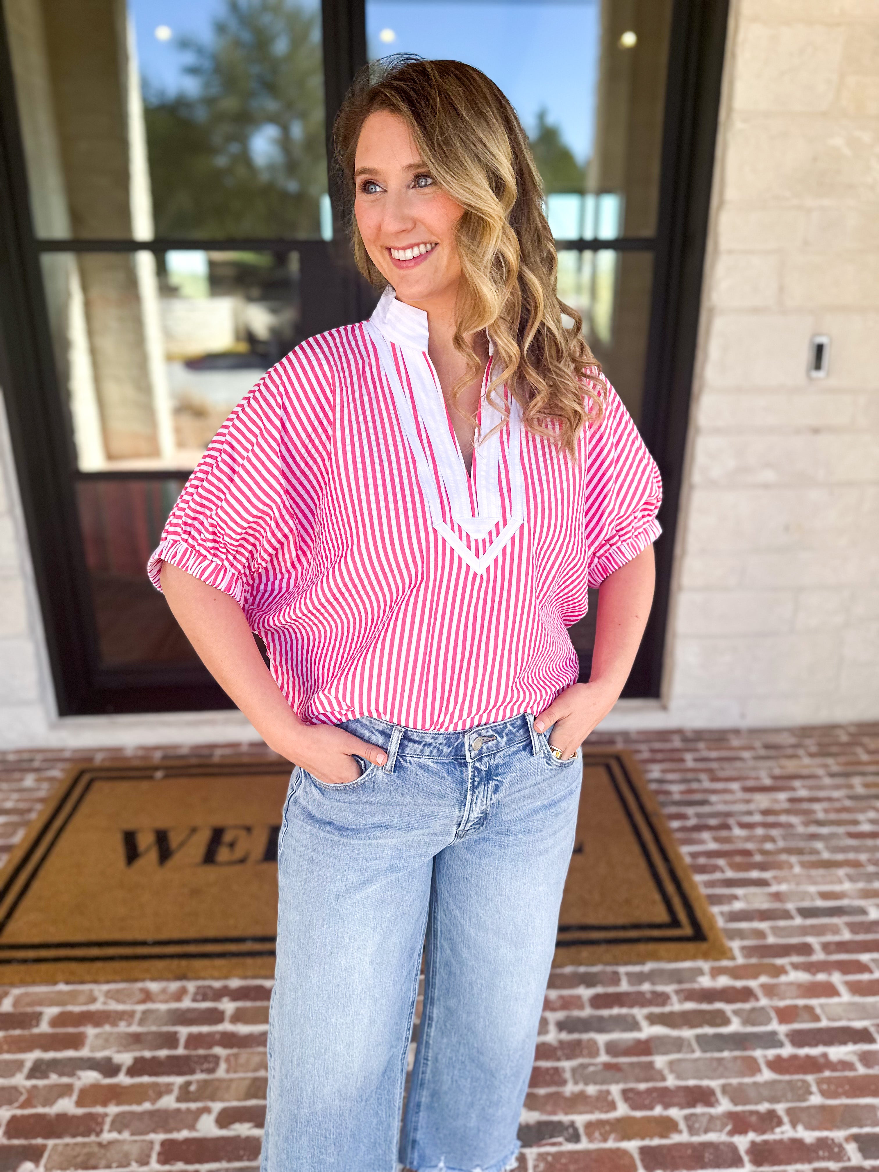 Seersucker Sweet Blouse - Pink-200 Fashion Blouses-ENTRO-July & June Women's Fashion Boutique Located in San Antonio, Texas