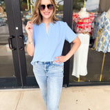 Classic V-Neck Blouse - Light Blue-200 Fashion Blouses-ENTRO-July & June Women's Fashion Boutique Located in San Antonio, Texas