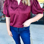 Pink Friday Doorbuster - Puff Sleeve Satin Blouse - Wine - IN STORE-PINK FRIDAY DOORBUSTERS-GLAM-July & June Women's Fashion Boutique Located in San Antonio, Texas