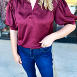 Pink Friday Doorbuster - Puff Sleeve Satin Blouse - Wine - IN STORE-PINK FRIDAY DOORBUSTERS-GLAM-July & June Women's Fashion Boutique Located in San Antonio, Texas