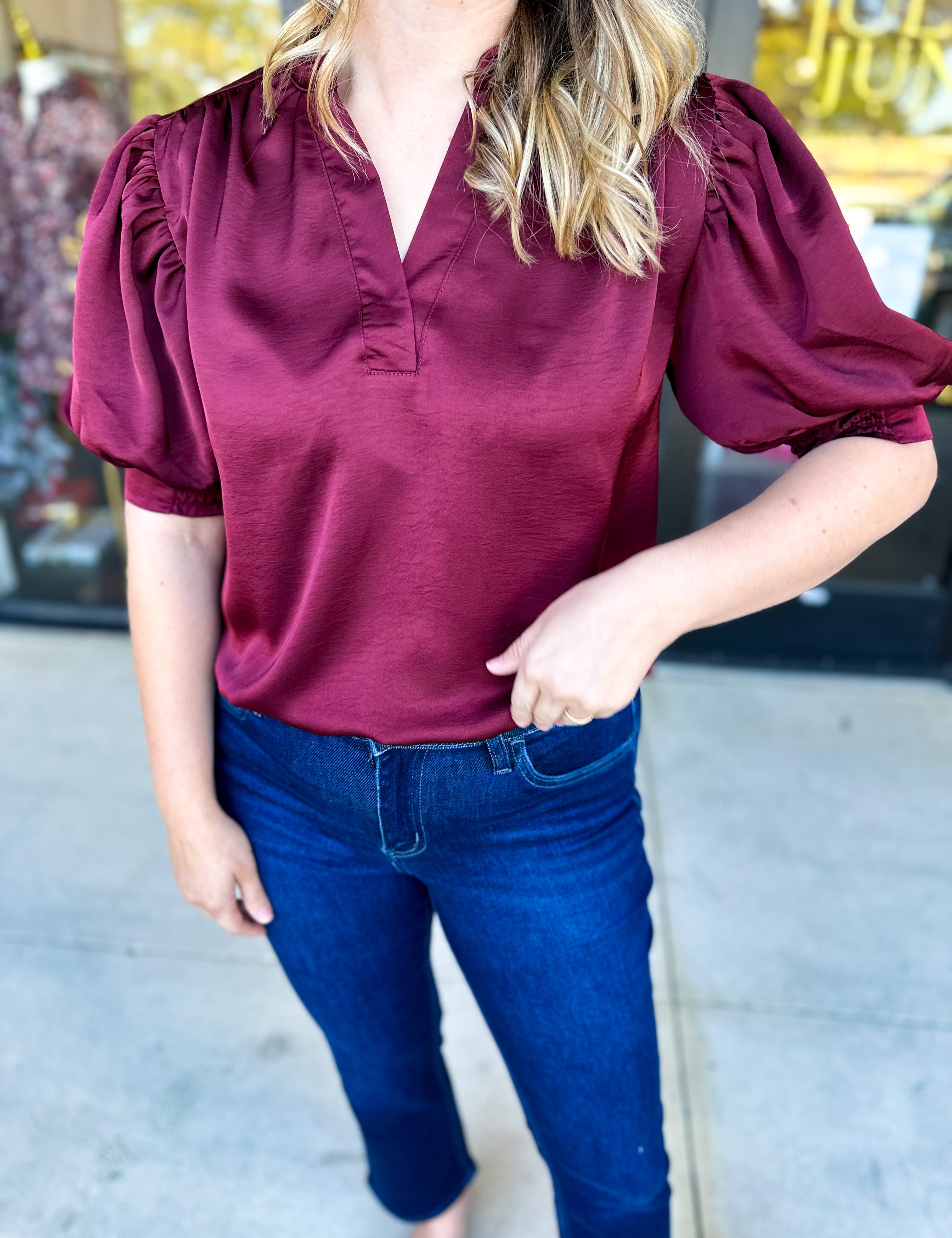 Pink Friday Doorbuster - Puff Sleeve Satin Blouse - Wine - IN STORE-PINK FRIDAY DOORBUSTERS-GLAM-July & June Women's Fashion Boutique Located in San Antonio, Texas