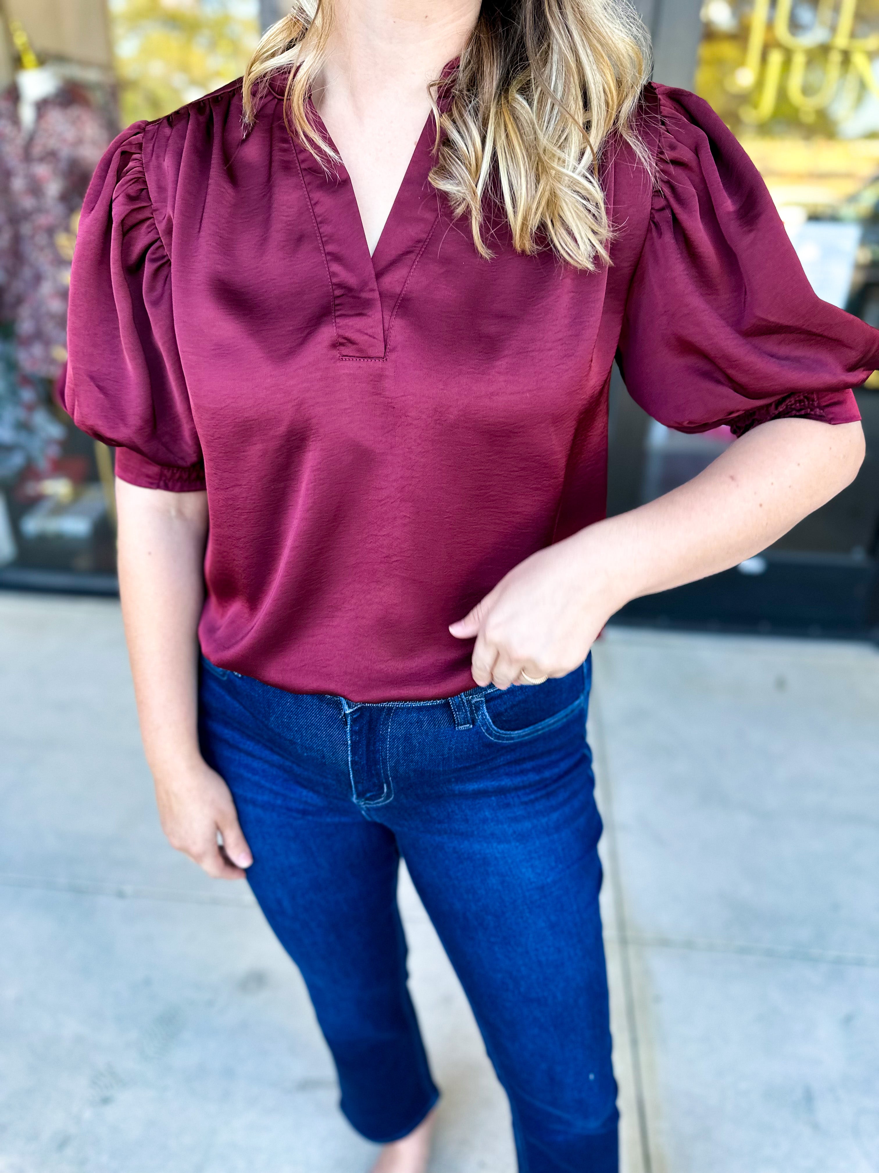 Pink Friday Doorbuster - Puff Sleeve Satin Blouse - Wine - IN STORE-PINK FRIDAY DOORBUSTERS-GLAM-July & June Women's Fashion Boutique Located in San Antonio, Texas