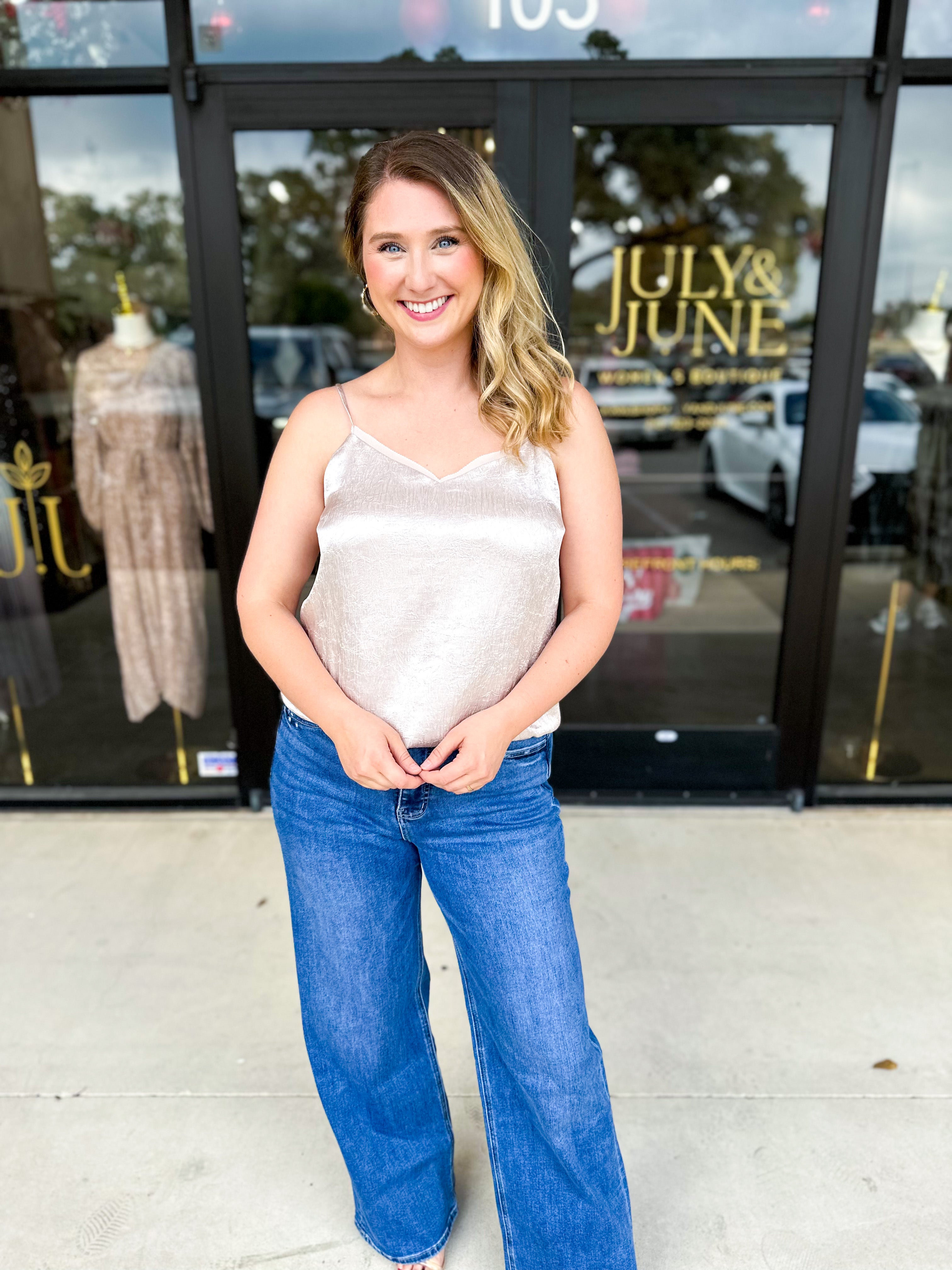 Champagne Satin Cami-200 Fashion Blouses-SKIES ARE BLUE-July & June Women's Fashion Boutique Located in San Antonio, Texas