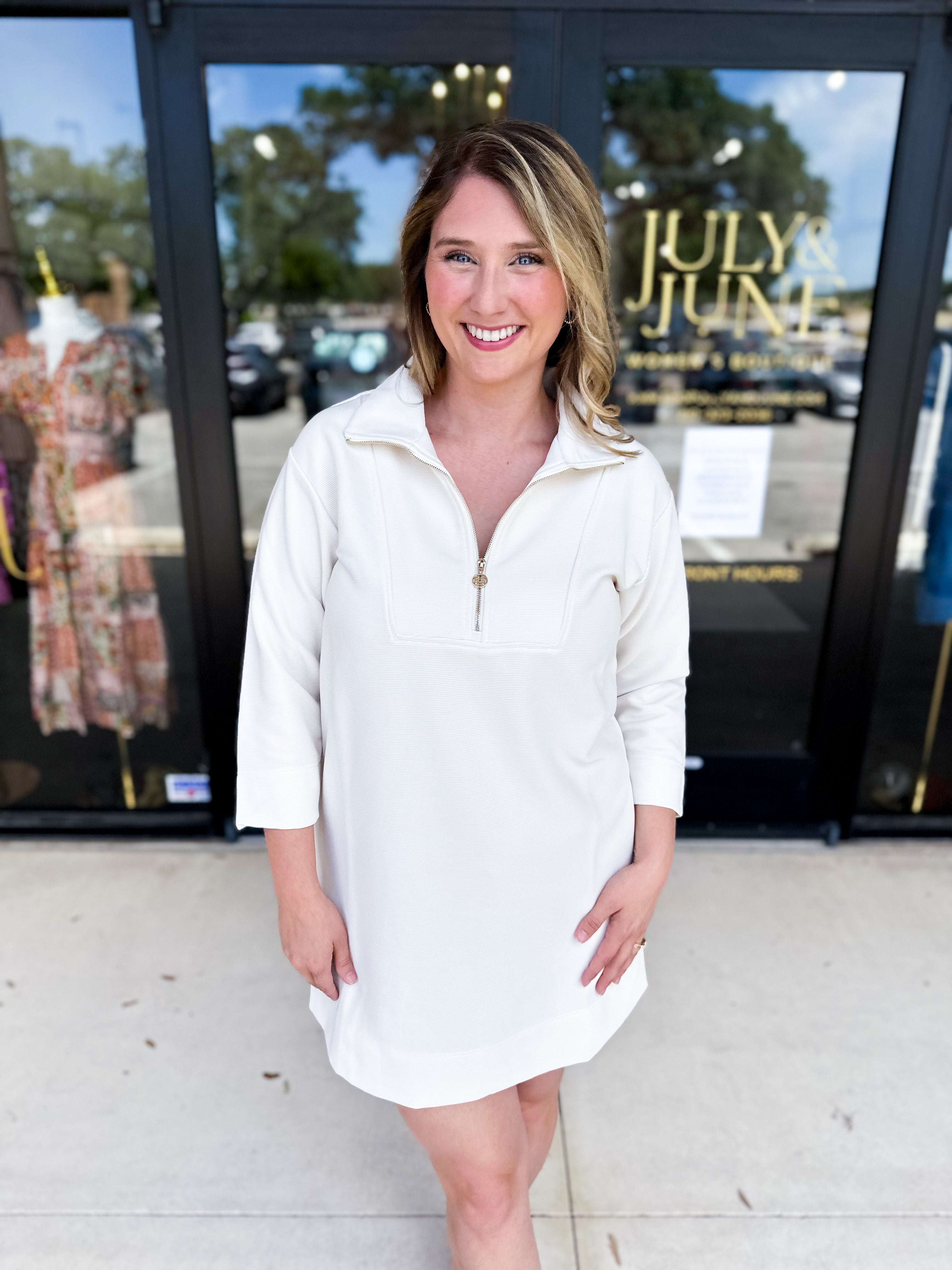 Mary Square - Raven Zip Mini Dress - Ivory-510 Mini-MARY SQUARE-July & June Women's Fashion Boutique Located in San Antonio, Texas
