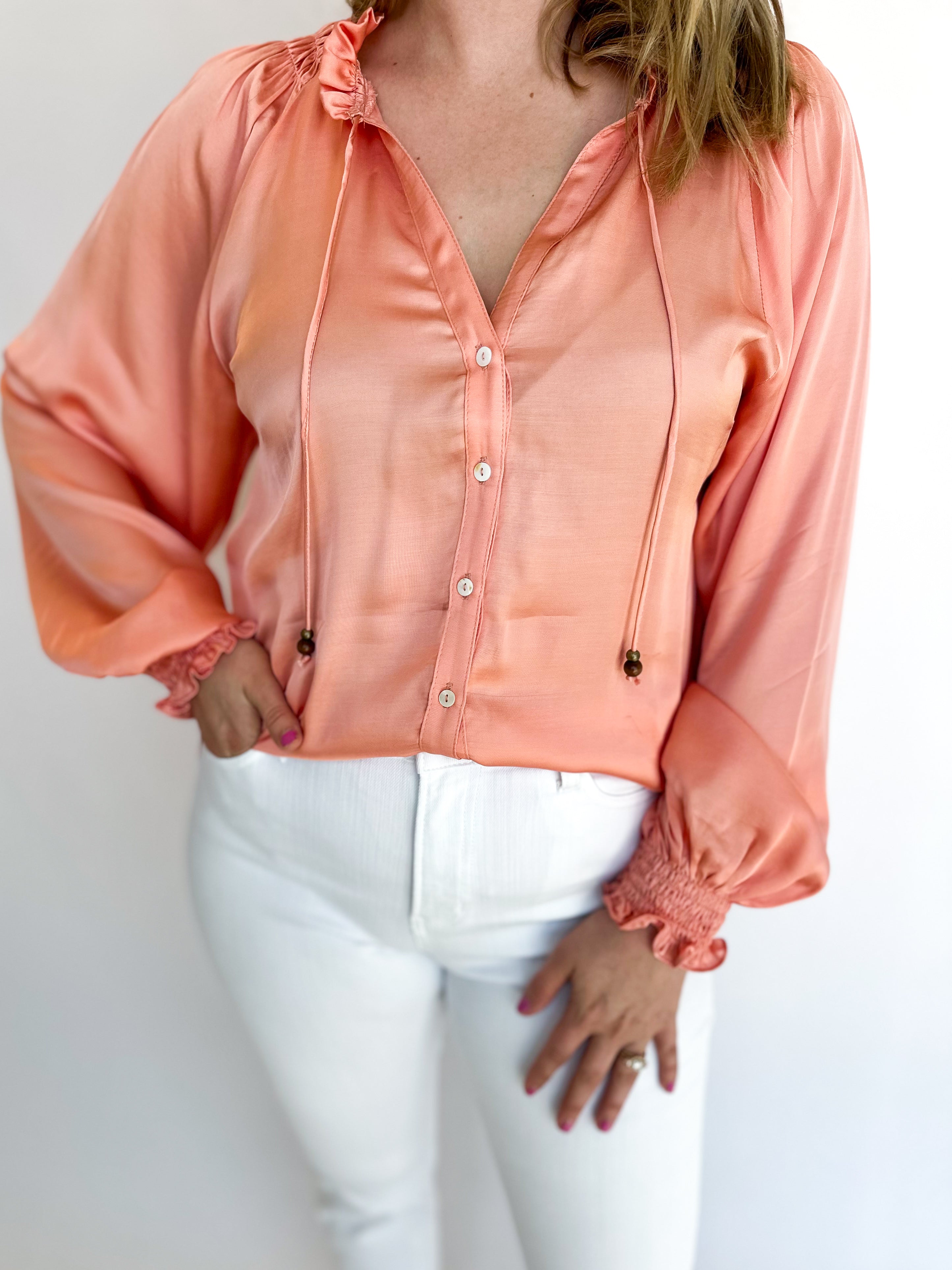 Pastel Satin Blouse - Peach-200 Fashion Blouses-OLIVACEOUS-July & June Women's Fashion Boutique Located in San Antonio, Texas