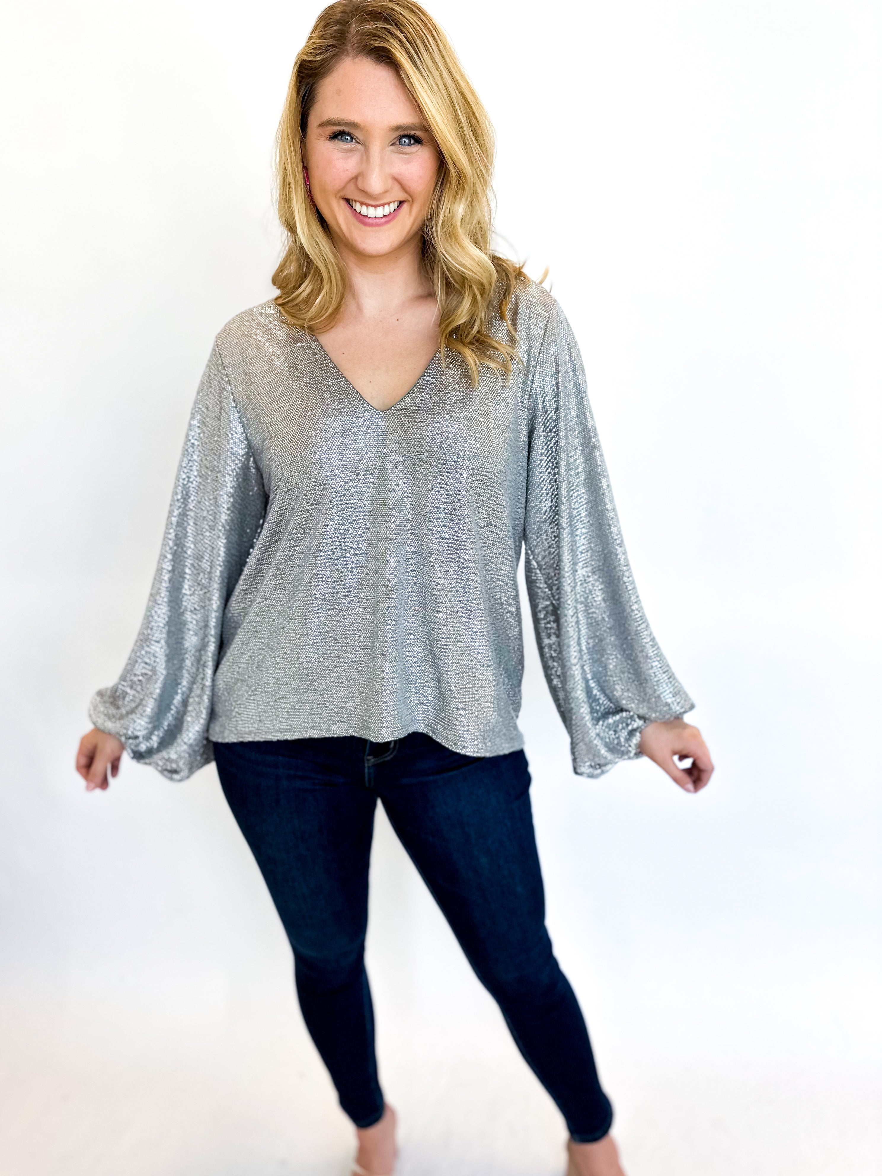 Olive & Silver Shimmer Blouse-200 Fashion Blouses-CARAMELA-July & June Women's Fashion Boutique Located in San Antonio, Texas