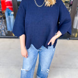 Scalloped Sweater Top - Navy-230 Sweaters/Cardis-ENTRO-July & June Women's Fashion Boutique Located in San Antonio, Texas