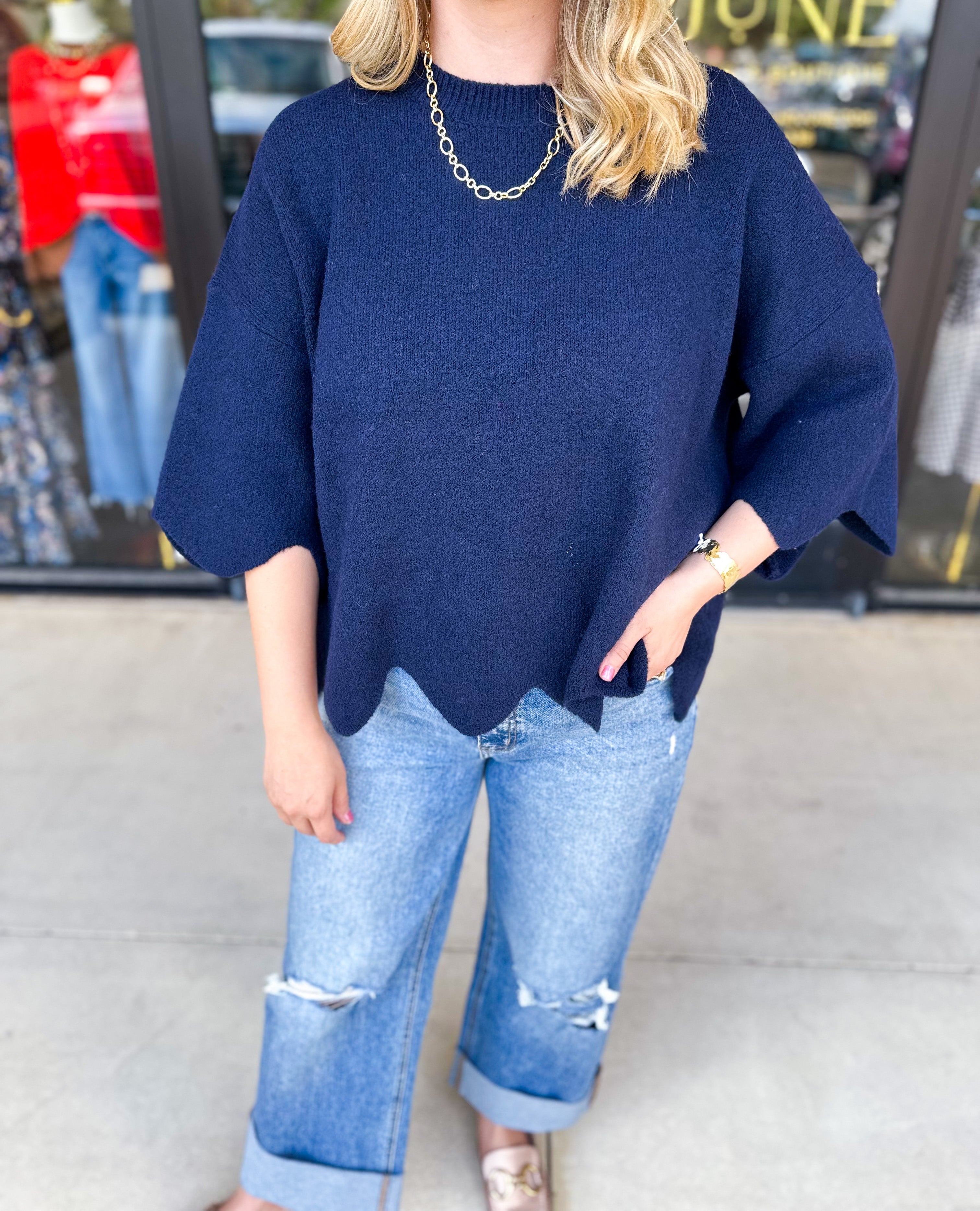 Scalloped Sweater Top - Navy-230 Sweaters/Cardis-ENTRO-July & June Women's Fashion Boutique Located in San Antonio, Texas