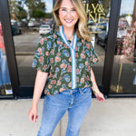 THML - Olive & Blush Floral Blouse-200 Fashion Blouses-THML-July & June Women's Fashion Boutique Located in San Antonio, Texas