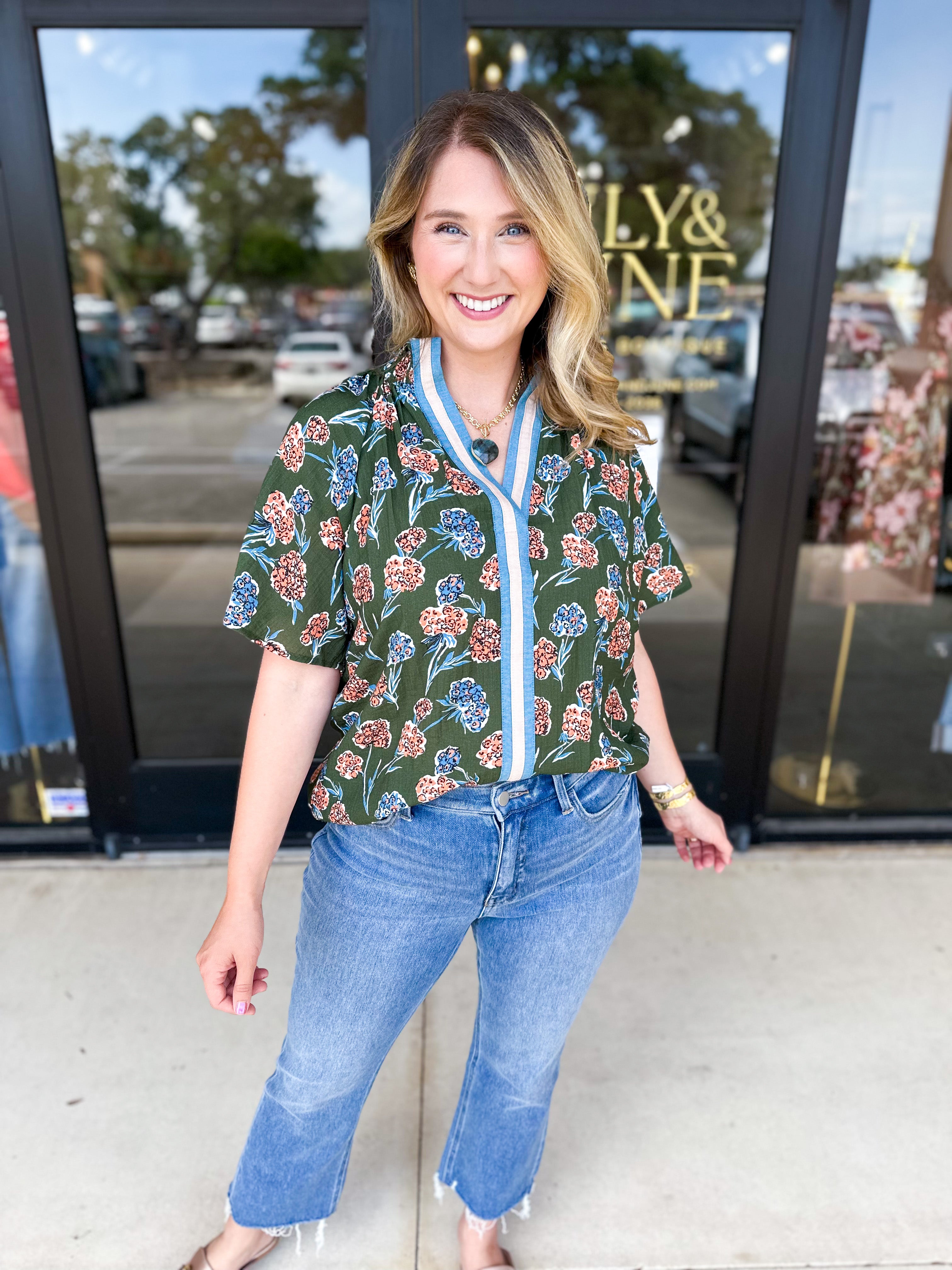 THML - Olive & Blush Floral Blouse-200 Fashion Blouses-THML-July & June Women's Fashion Boutique Located in San Antonio, Texas