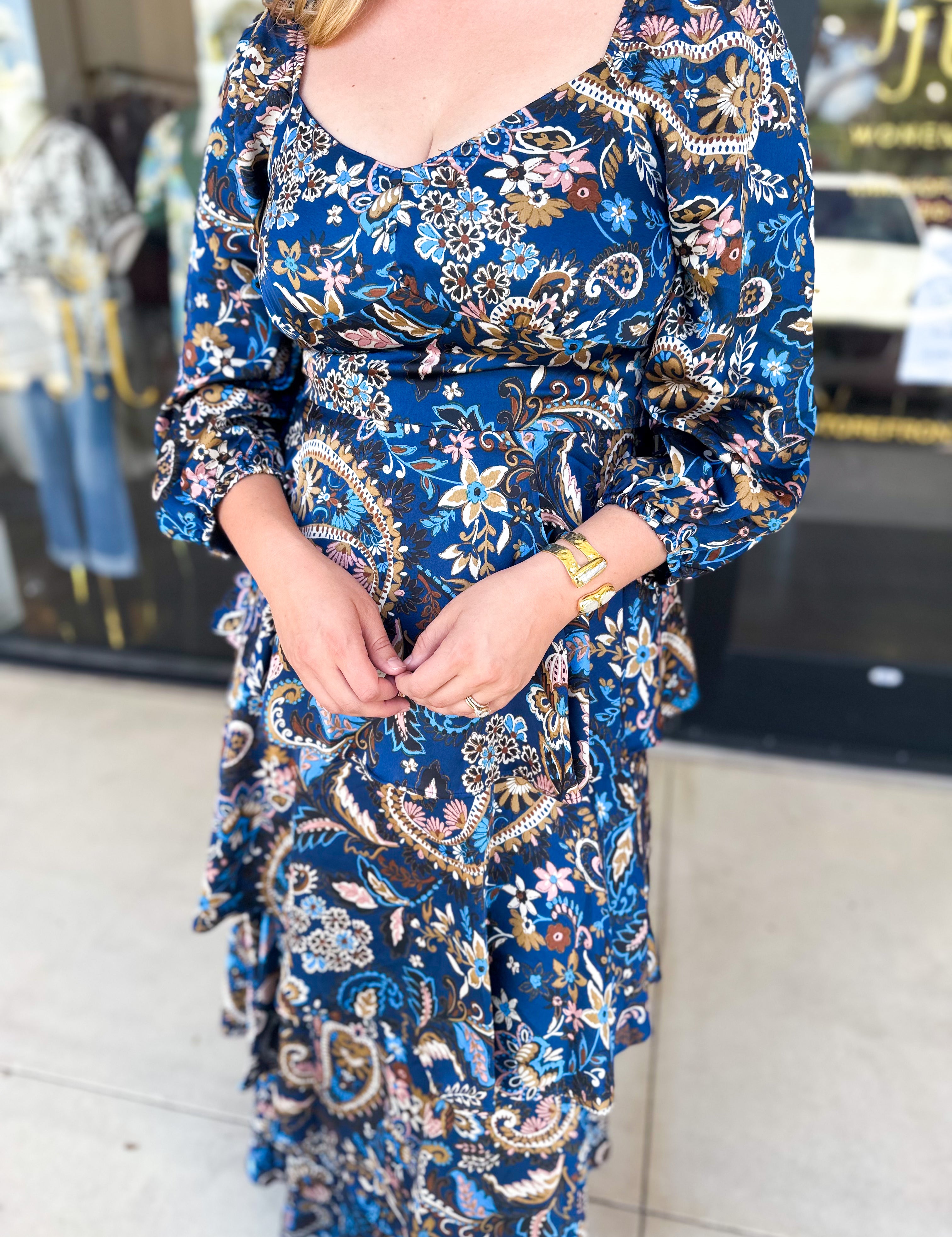 Blue Paisley Midi Dress-500 Midi-SKIES ARE BLUE-July & June Women's Fashion Boutique Located in San Antonio, Texas