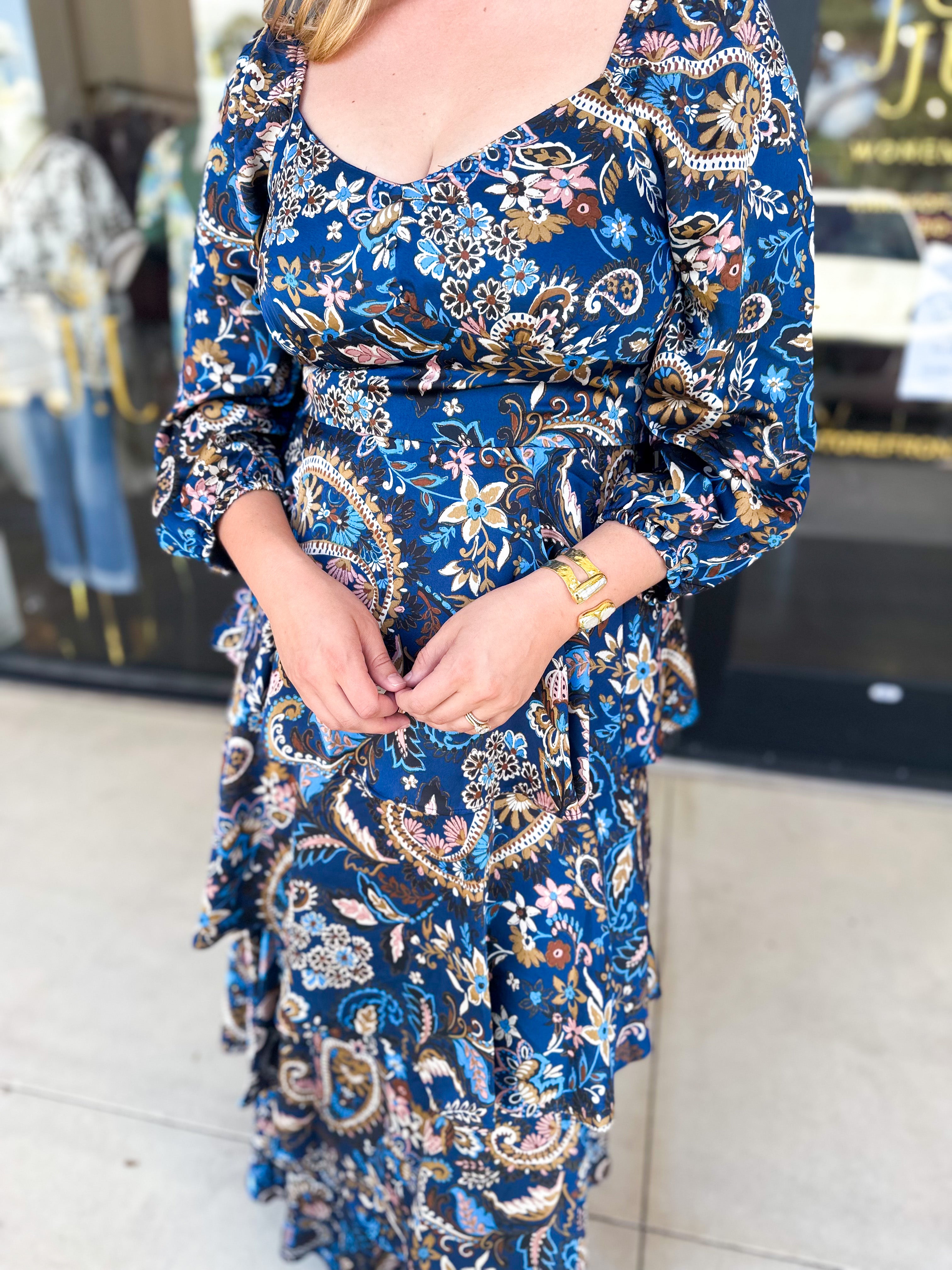 Blue Paisley Midi Dress-500 Midi-SKIES ARE BLUE-July & June Women's Fashion Boutique Located in San Antonio, Texas