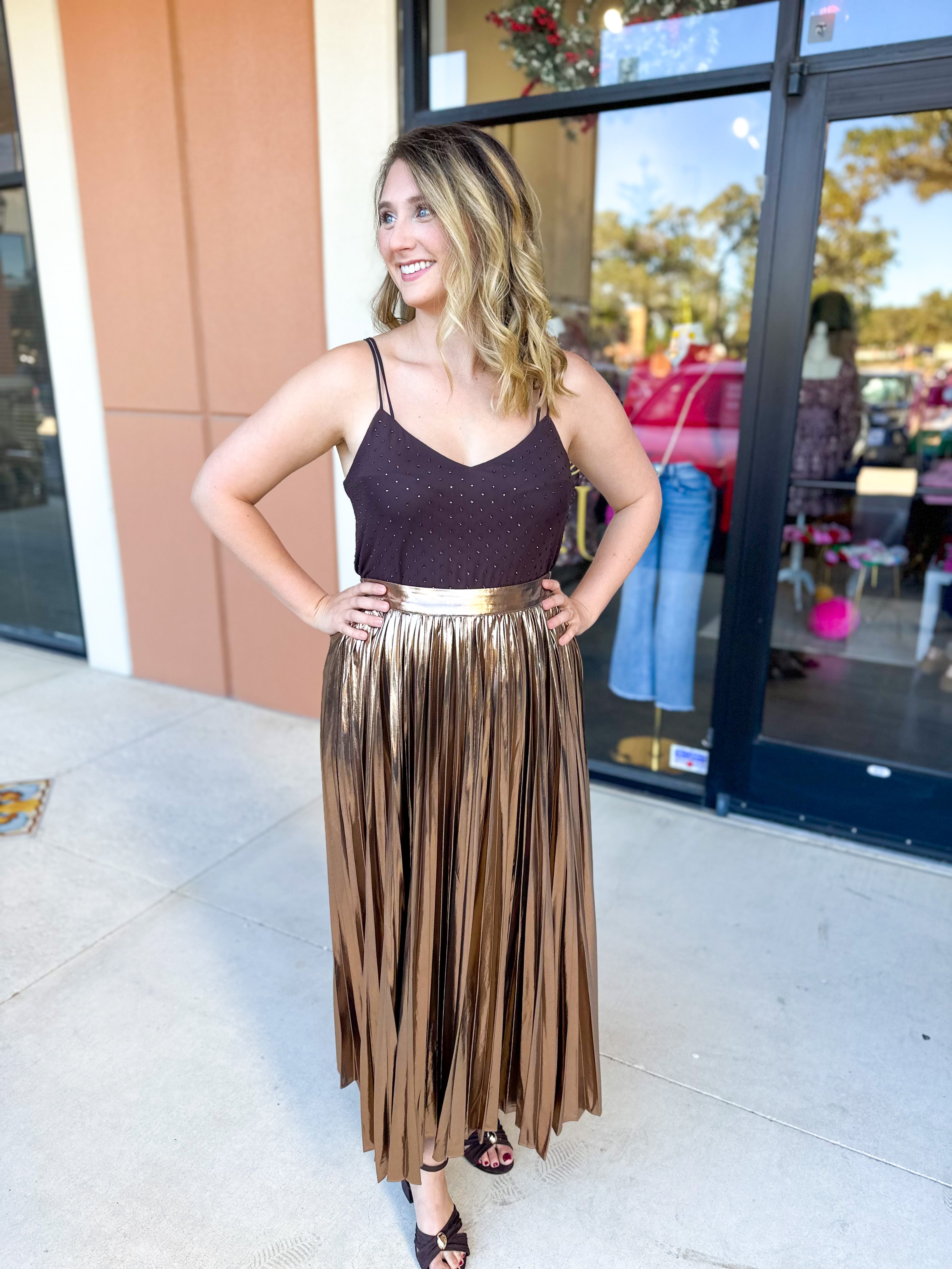 Bronze Midi Skirt-410 Shorts/Skirts-SKIES ARE BLUE-July & June Women's Fashion Boutique Located in San Antonio, Texas