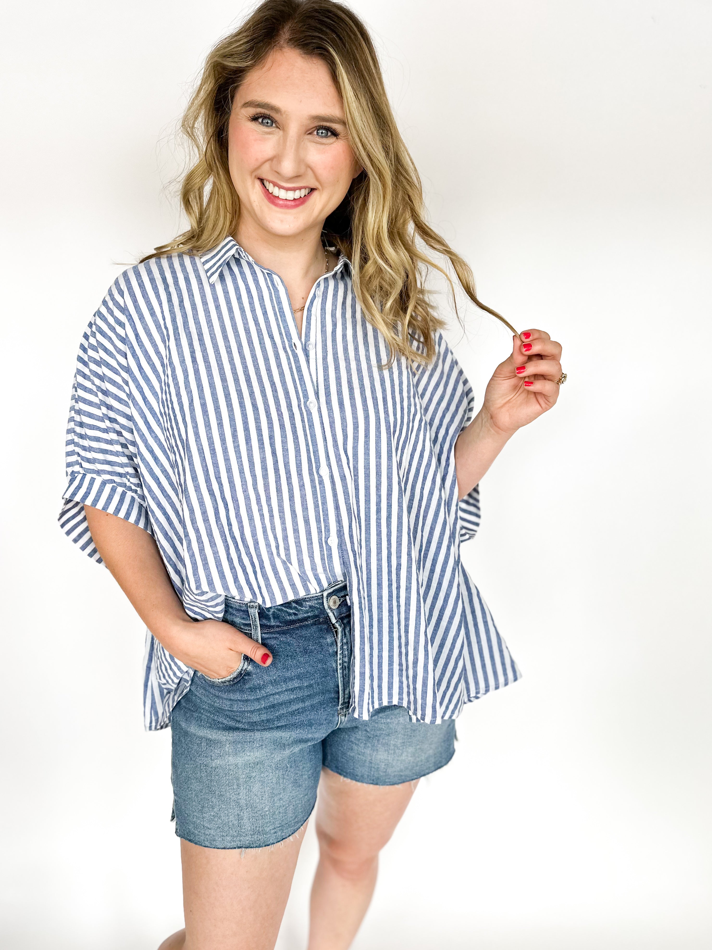 American Girl Oversized Blouse - Blue-200 Fashion Blouses-DAY + MOON-July & June Women's Fashion Boutique Located in San Antonio, Texas