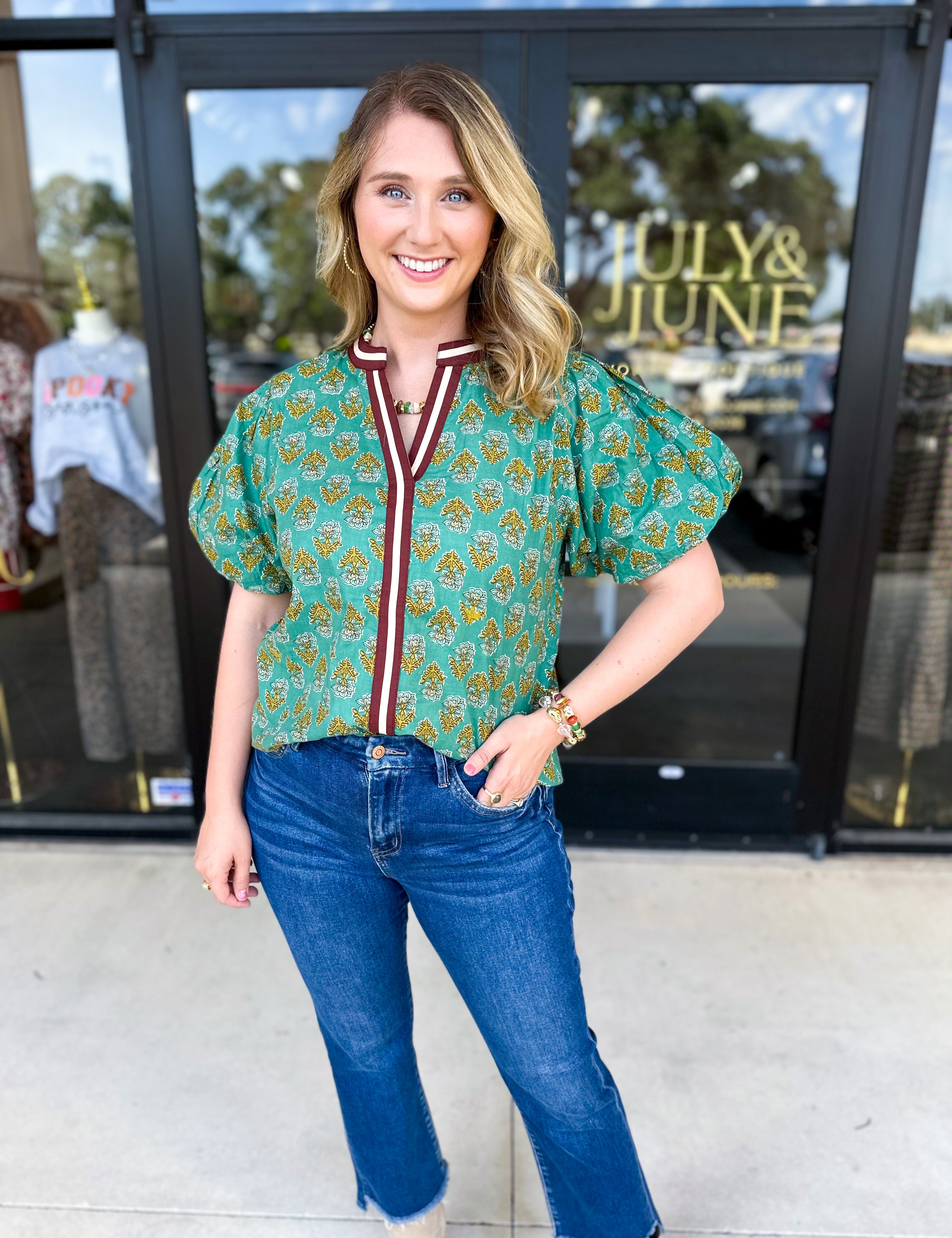 THML - Teal Paisley Blouse-200 Fashion Blouses-THML-July & June Women's Fashion Boutique Located in San Antonio, Texas