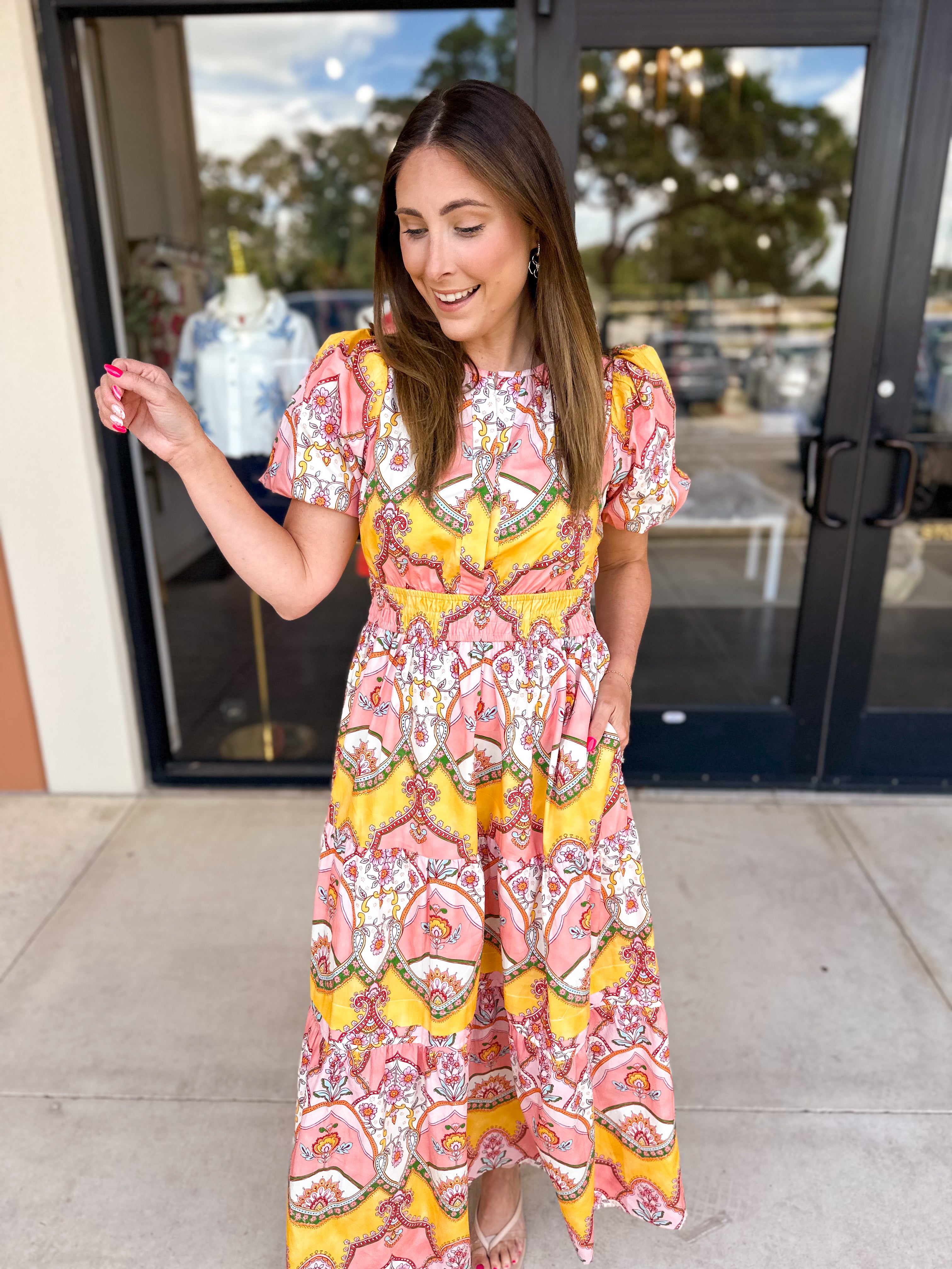 Peach Sunrise Midi Dress-500 Midi-FATE-July & June Women's Fashion Boutique Located in San Antonio, Texas