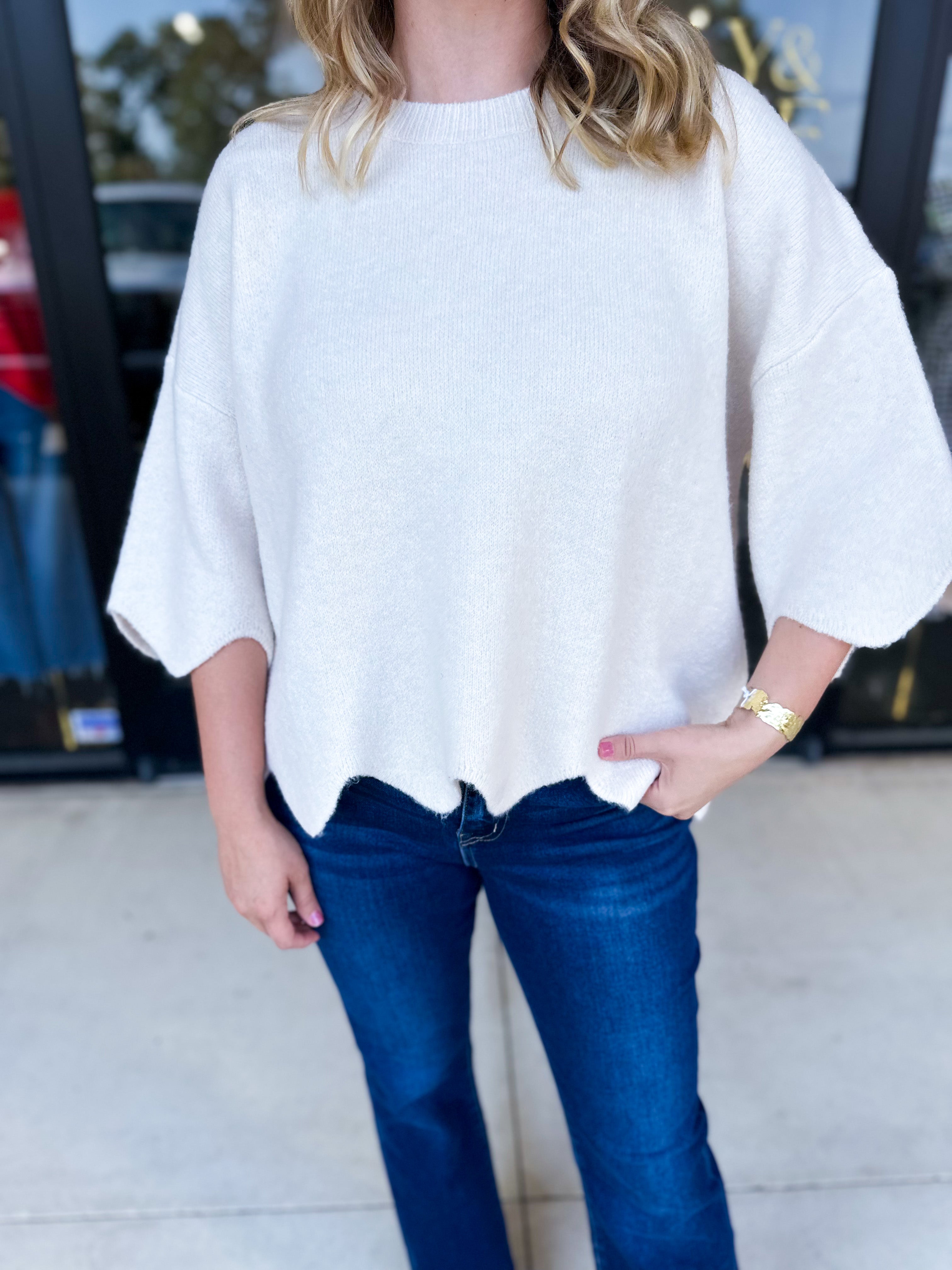 Scalloped Sweater Top - Cream-230 Sweaters/Cardis-ENTRO-July & June Women's Fashion Boutique Located in San Antonio, Texas