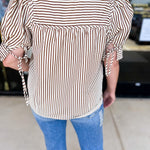 Striped Henley Blouse - Brown-200 Fashion Blouses-ENTRO-July & June Women's Fashion Boutique Located in San Antonio, Texas