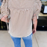 Striped Henley Blouse - Brown-200 Fashion Blouses-ENTRO-July & June Women's Fashion Boutique Located in San Antonio, Texas