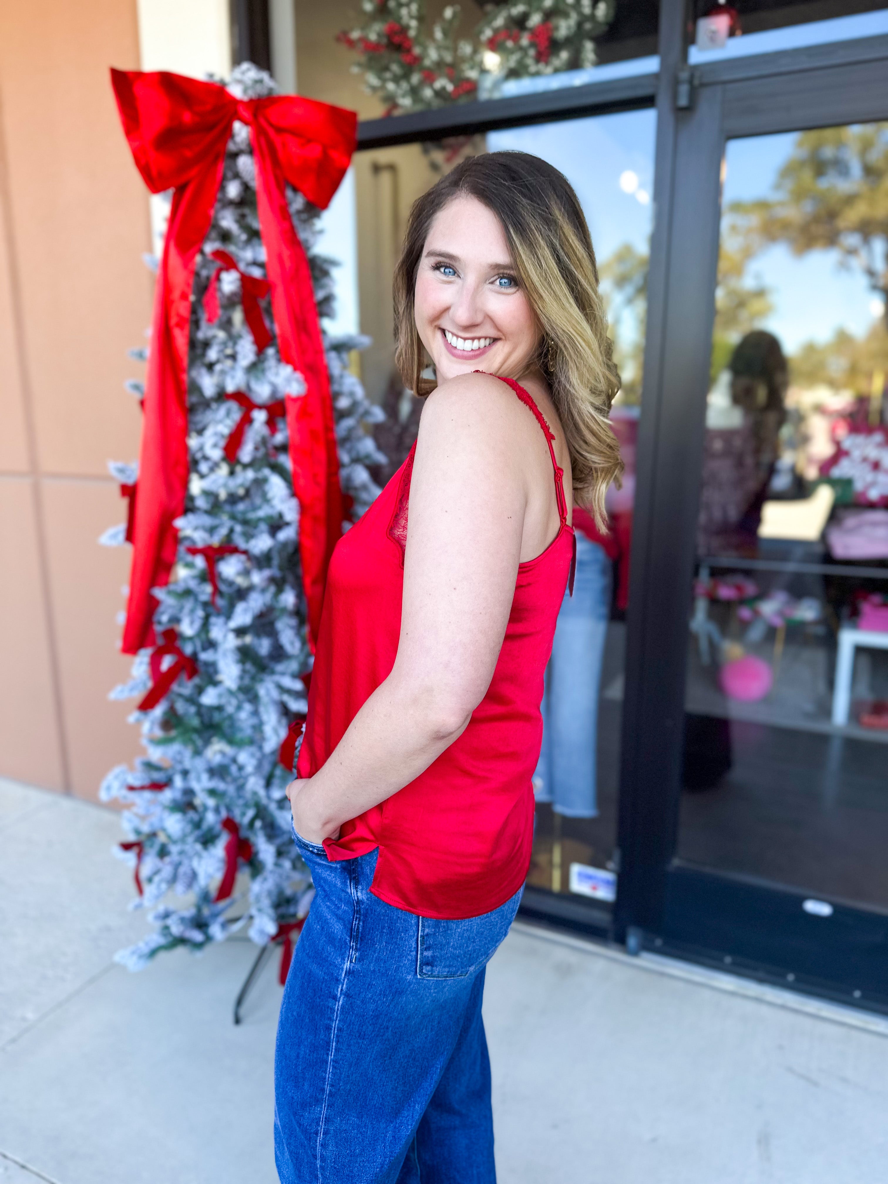 Satin Chic Cami - Red-200 Fashion Blouses-SKIES ARE BLUE-July & June Women's Fashion Boutique Located in San Antonio, Texas