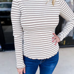 Stripe Mock Neck Long Sleeve - Mocha-210 Casual Blouses-POLOGRAM-July & June Women's Fashion Boutique Located in San Antonio, Texas
