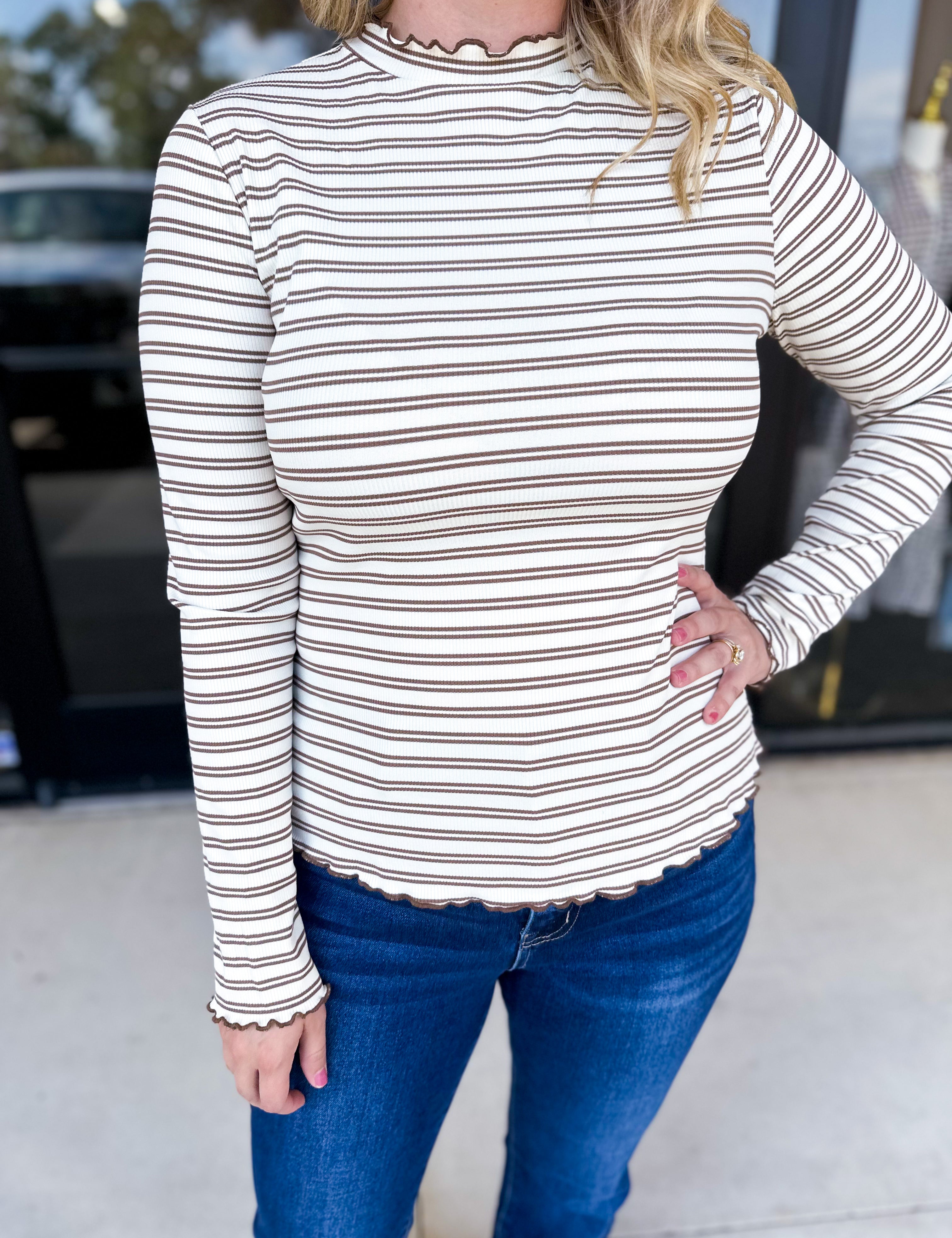 Stripe Mock Neck Long Sleeve - Mocha-210 Casual Blouses-POLOGRAM-July & June Women's Fashion Boutique Located in San Antonio, Texas