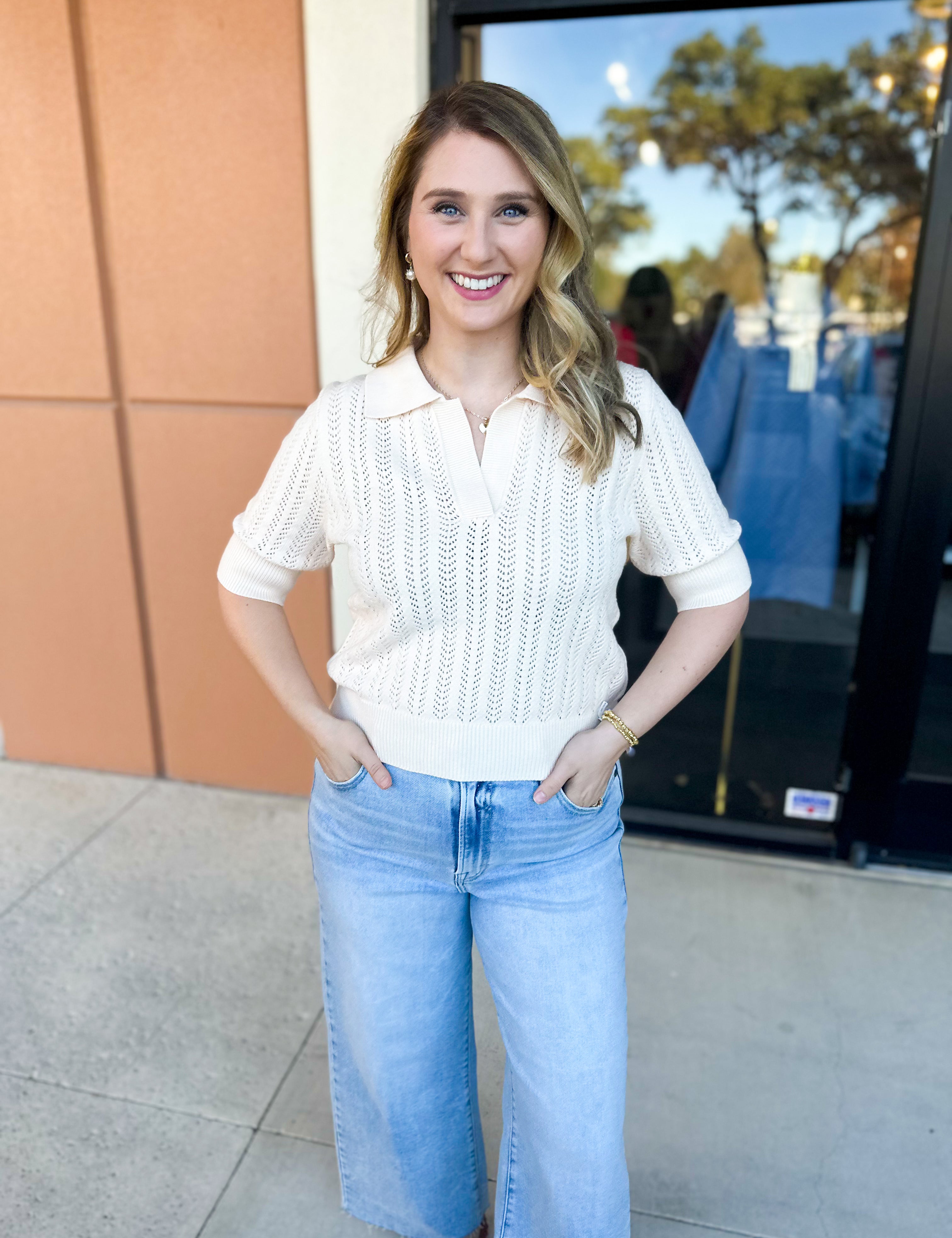 THML - Cream Knit Collared Sweater Top-230 Sweaters/Cardis-THML-July & June Women's Fashion Boutique Located in San Antonio, Texas