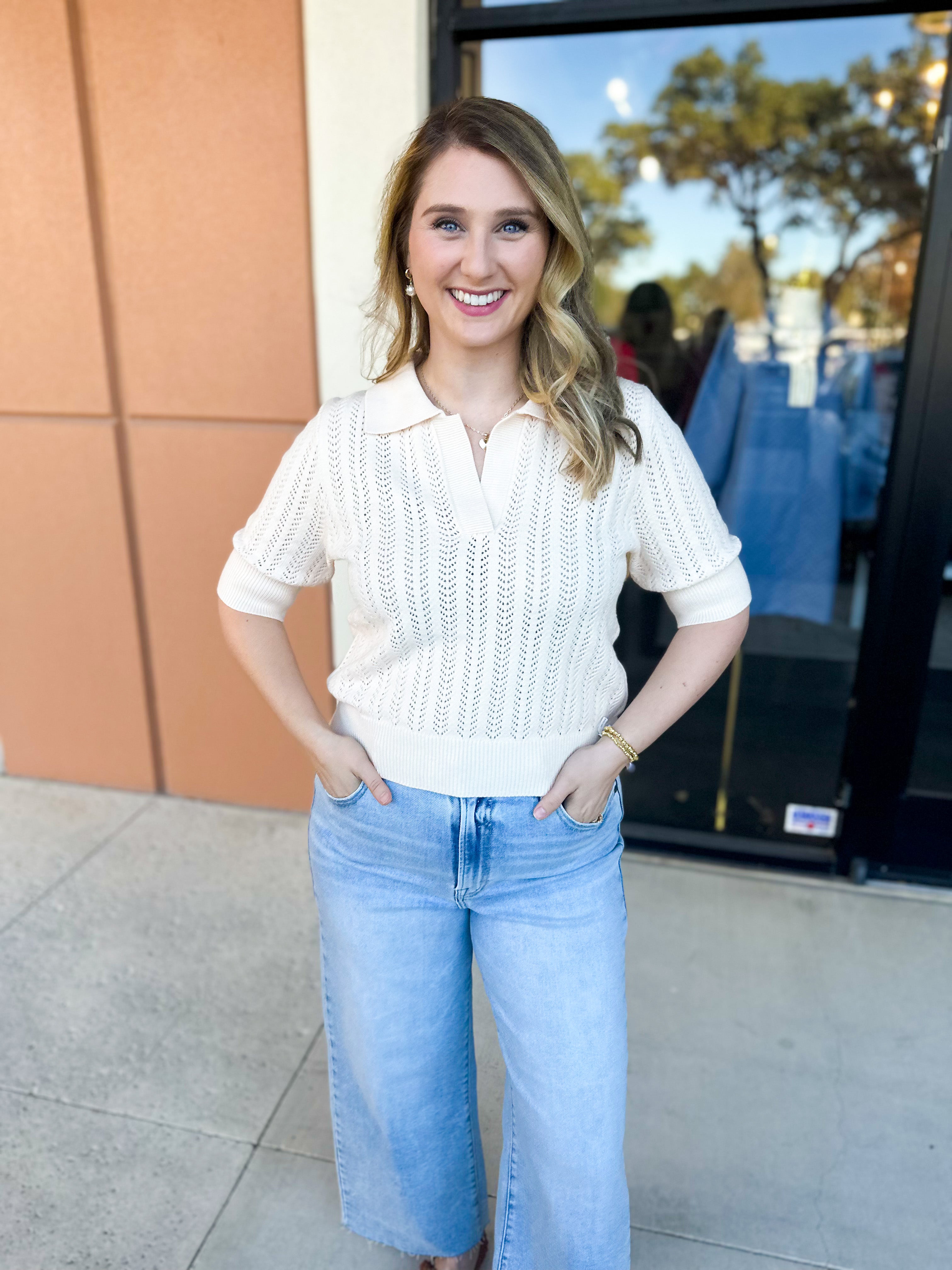 THML - Cream Knit Collared Sweater Top-230 Sweaters/Cardis-THML-July & June Women's Fashion Boutique Located in San Antonio, Texas