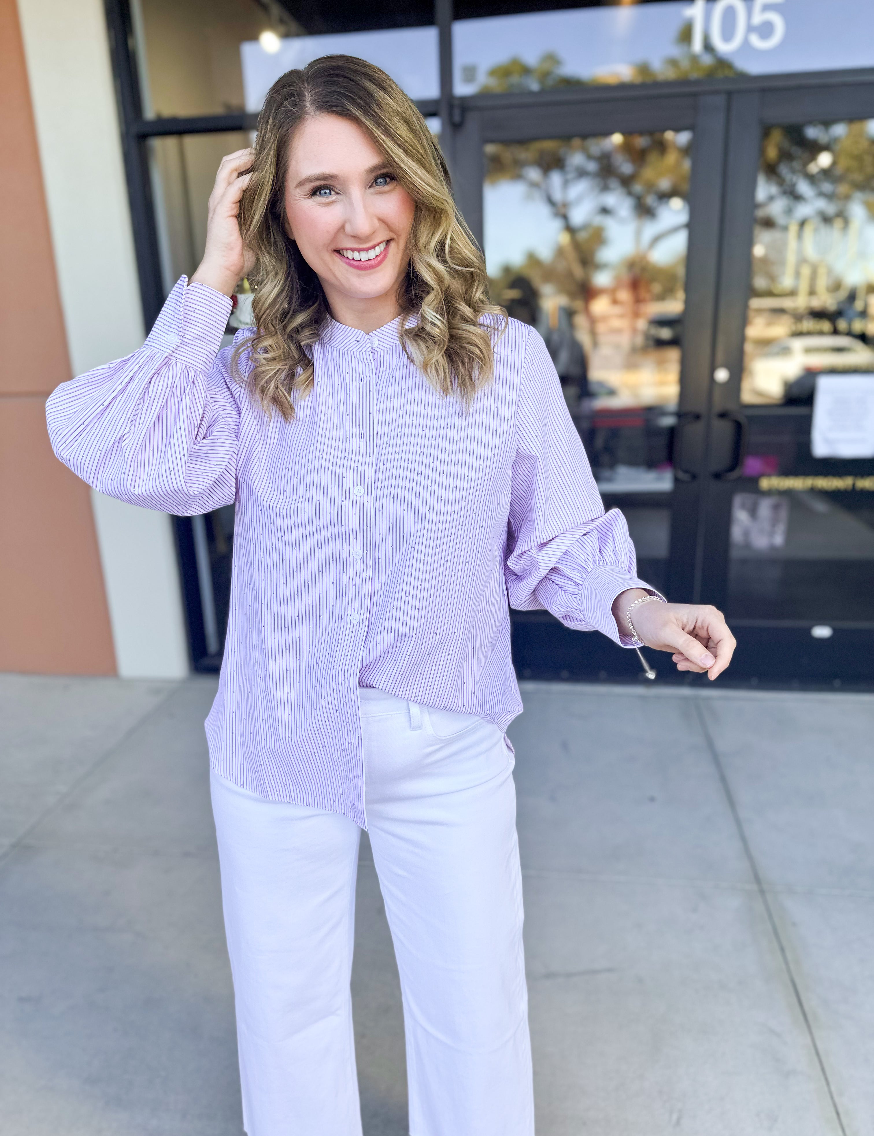 Current Air - Rhinestone Button Down Blouse - Light Pink-200 Fashion Blouses-CURRENT AIR CLOTHING-July & June Women's Fashion Boutique Located in San Antonio, Texas