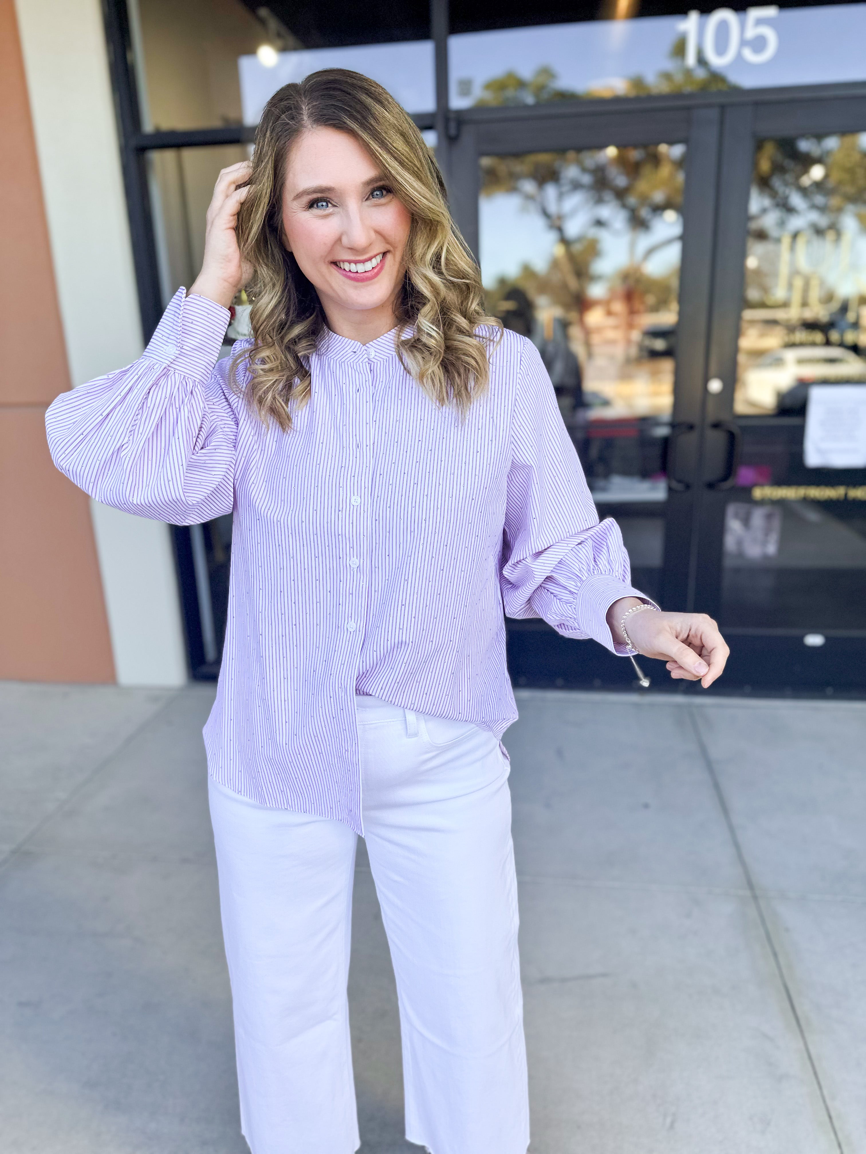 Current Air - Rhinestone Button Down Blouse - Light Pink-200 Fashion Blouses-CURRENT AIR CLOTHING-July & June Women's Fashion Boutique Located in San Antonio, Texas