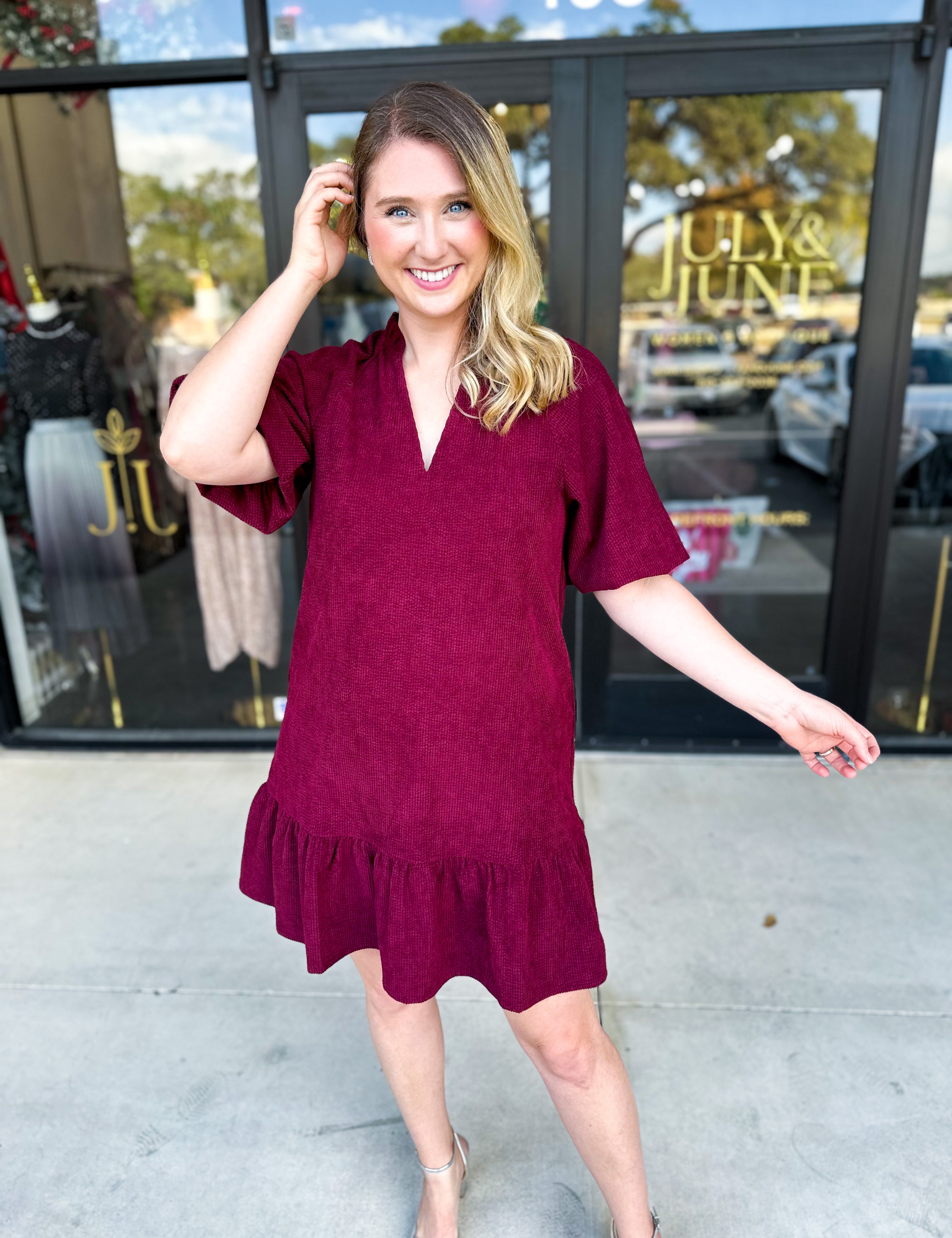 THML- Maroon Corduroy Mini Dress-510 Mini-THML-July & June Women's Fashion Boutique Located in San Antonio, Texas