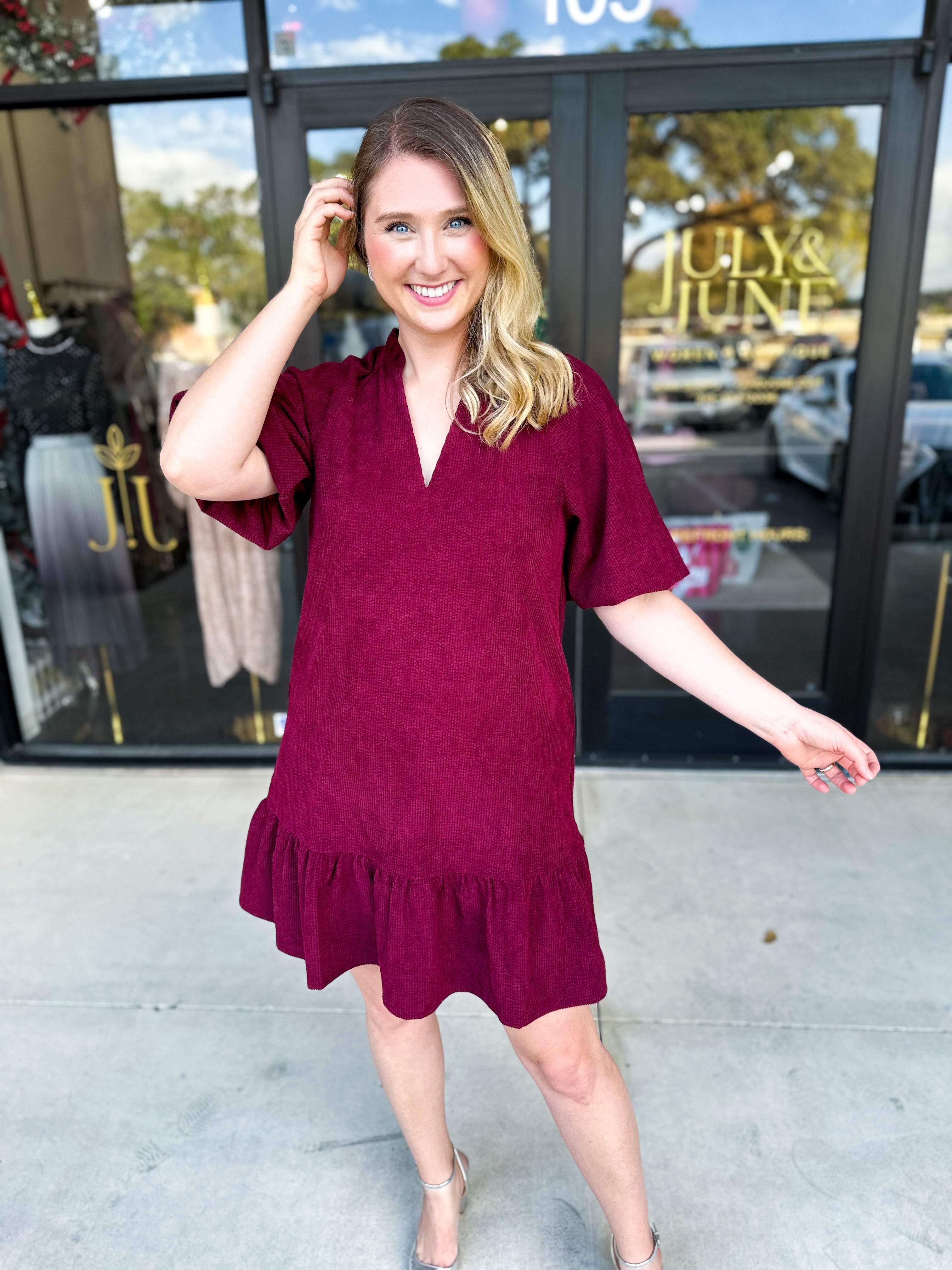 THML- Maroon Corduroy Mini Dress-510 Mini-THML-July & June Women's Fashion Boutique Located in San Antonio, Texas