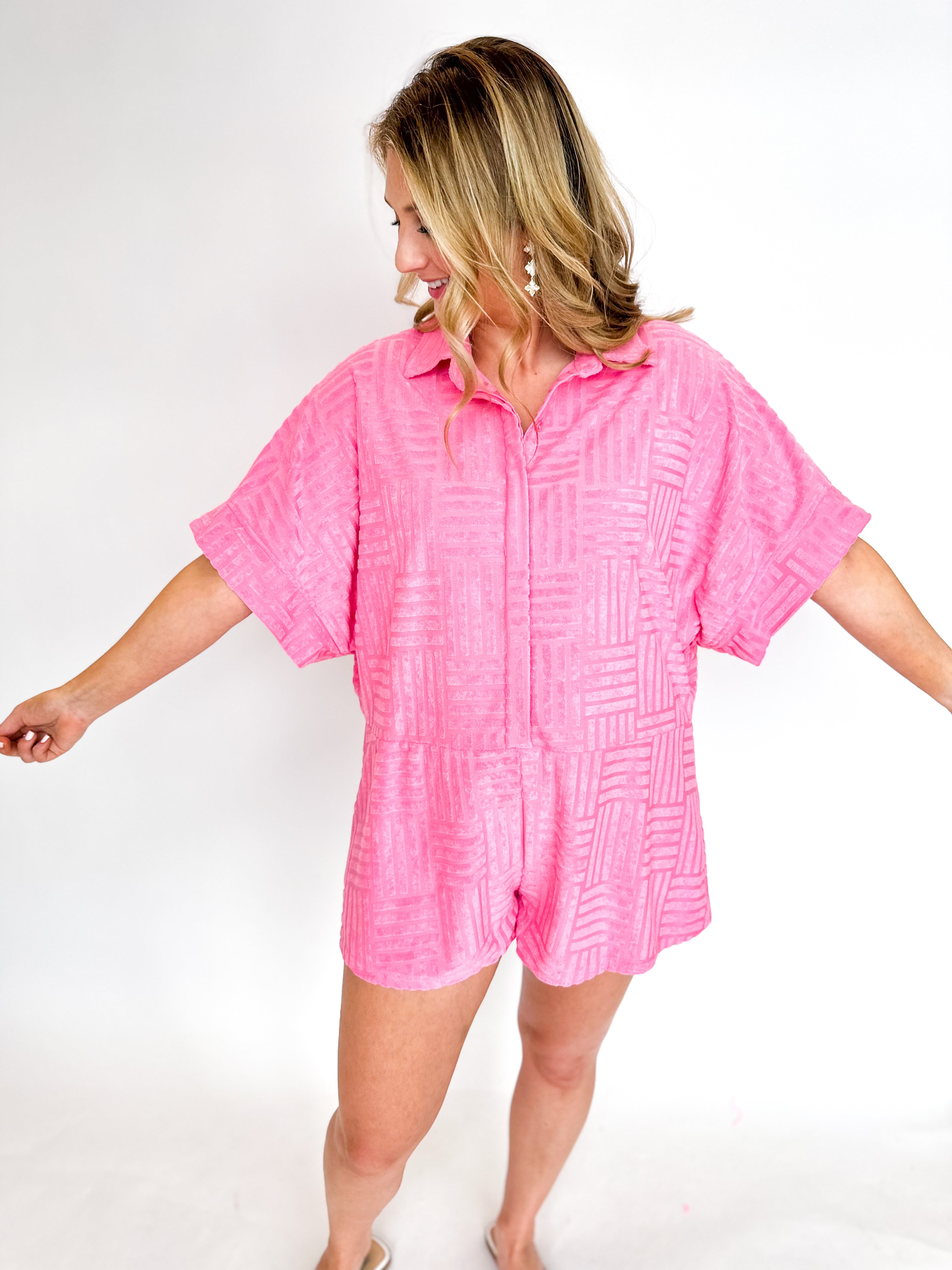 Hamptons Terry Cloth Romper - Pink-510 Mini-ENTRO-July & June Women's Fashion Boutique Located in San Antonio, Texas