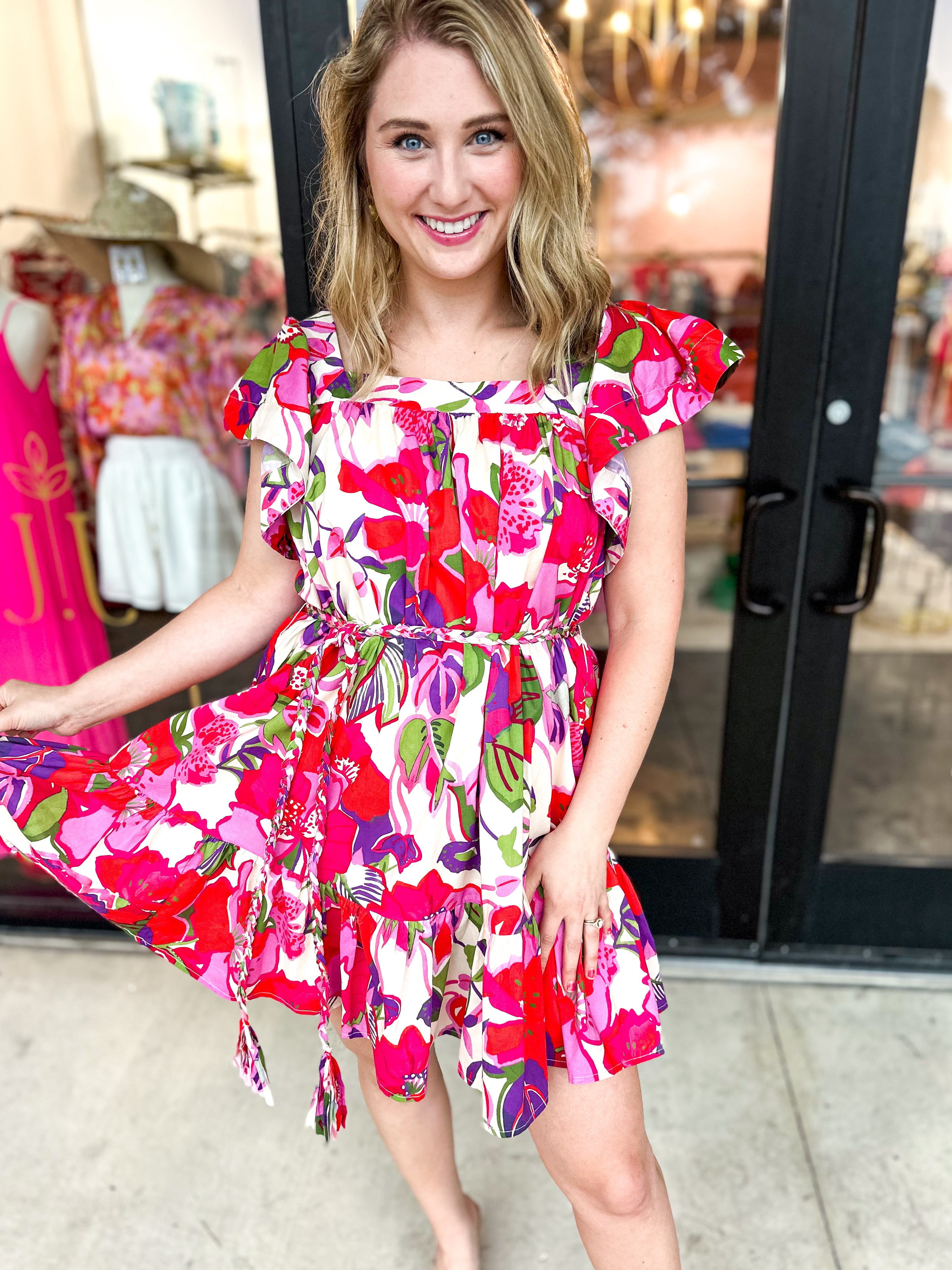 Braided Floral Mini Dress-510 Mini-ENTRO-July & June Women's Fashion Boutique Located in San Antonio, Texas