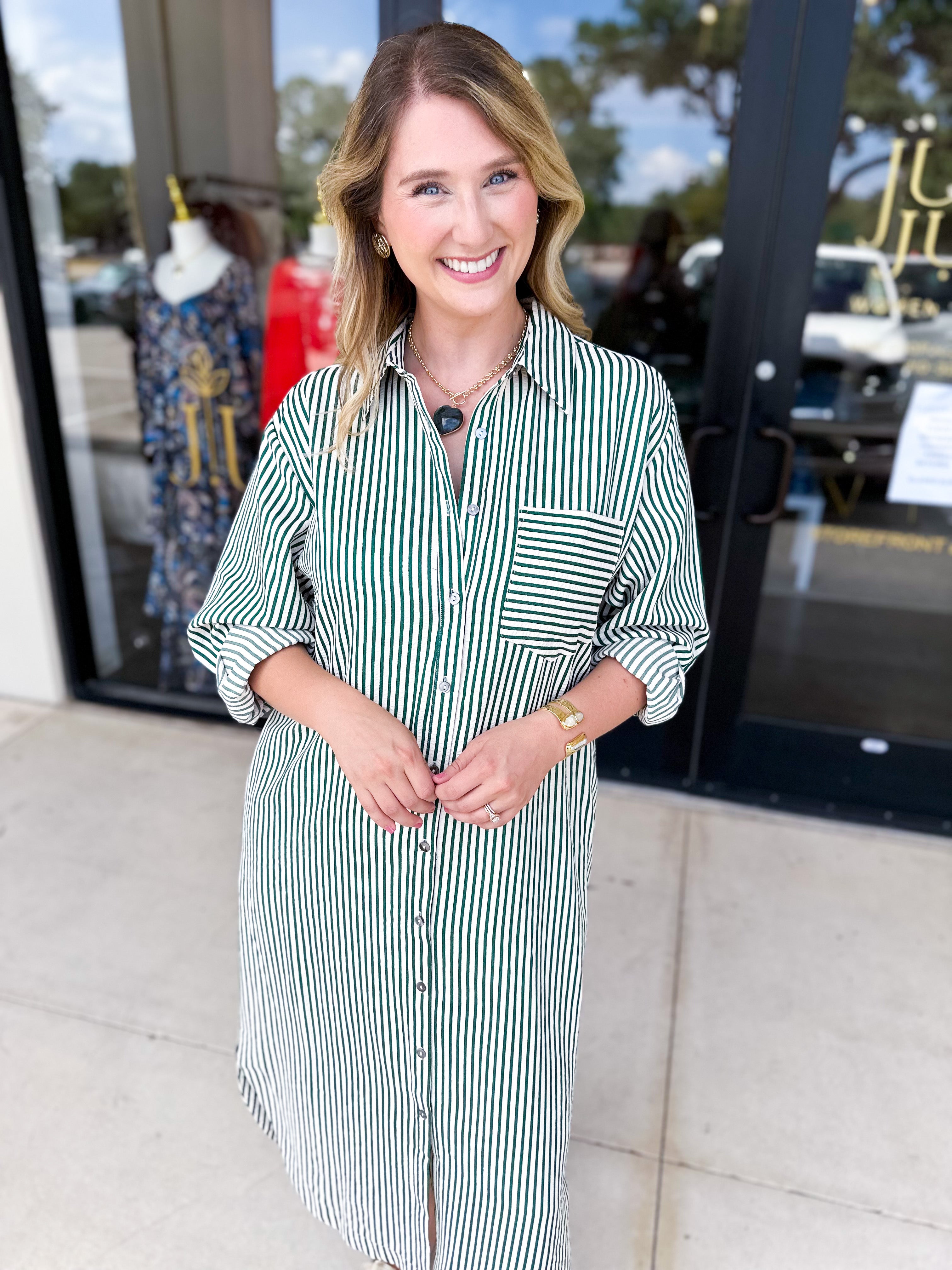 Button Down Casual Midi Dress - Hunter Green-500 Midi-ENTRO-July & June Women's Fashion Boutique Located in San Antonio, Texas