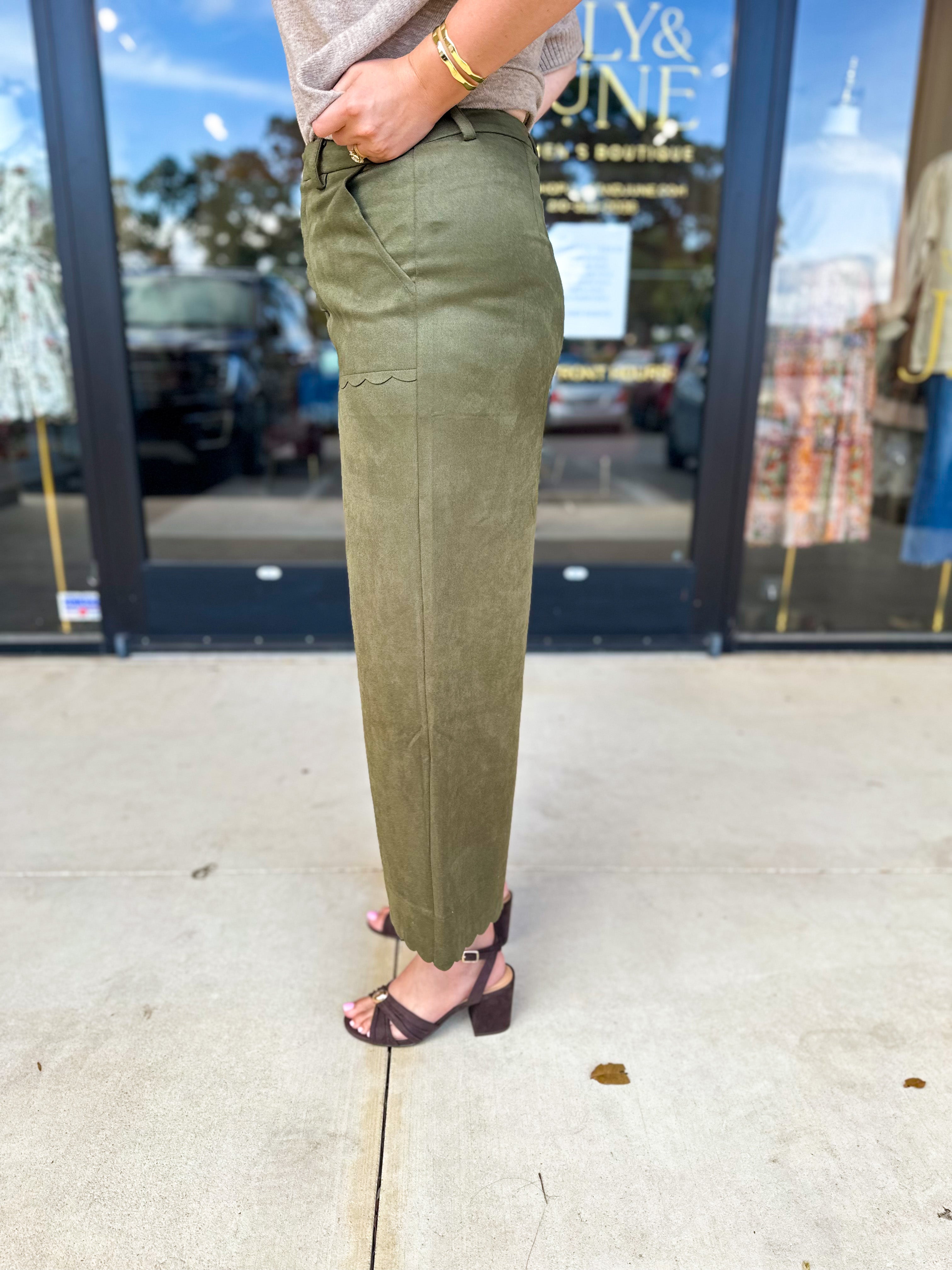 Olive Suede Scalloped Pants-400 Pants-JODIFL-July & June Women's Fashion Boutique Located in San Antonio, Texas