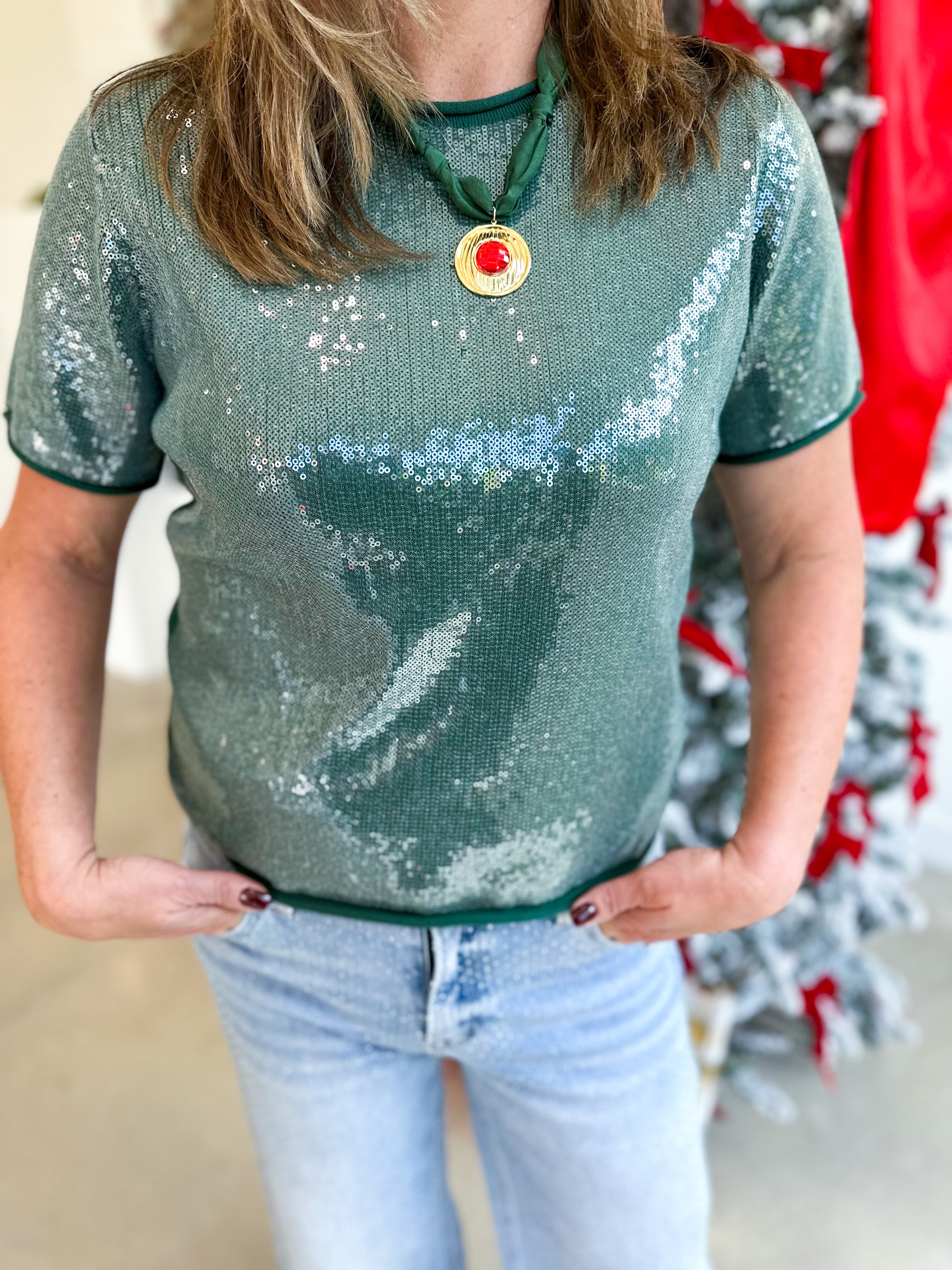 Holiday Party Sweater Top - Hunter Green-200 Fashion Blouses-JODIFL-July & June Women's Fashion Boutique Located in San Antonio, Texas