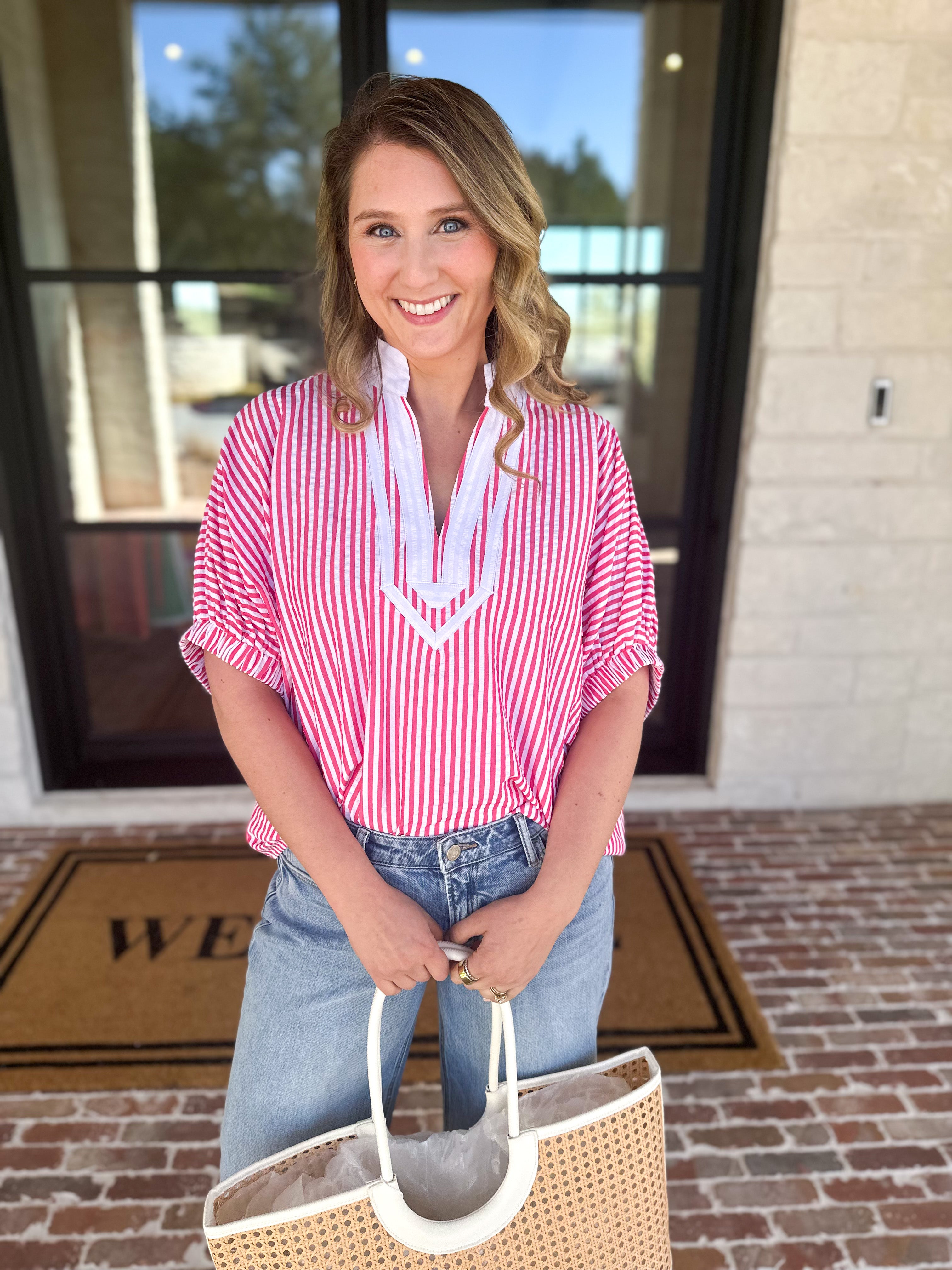 Seersucker Sweet Blouse - Pink-200 Fashion Blouses-ENTRO-July & June Women's Fashion Boutique Located in San Antonio, Texas