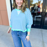 Seafoam Striped Long Sleeve Top-210 Casual Blouses-VEVERET CLOTHING-July & June Women's Fashion Boutique Located in San Antonio, Texas