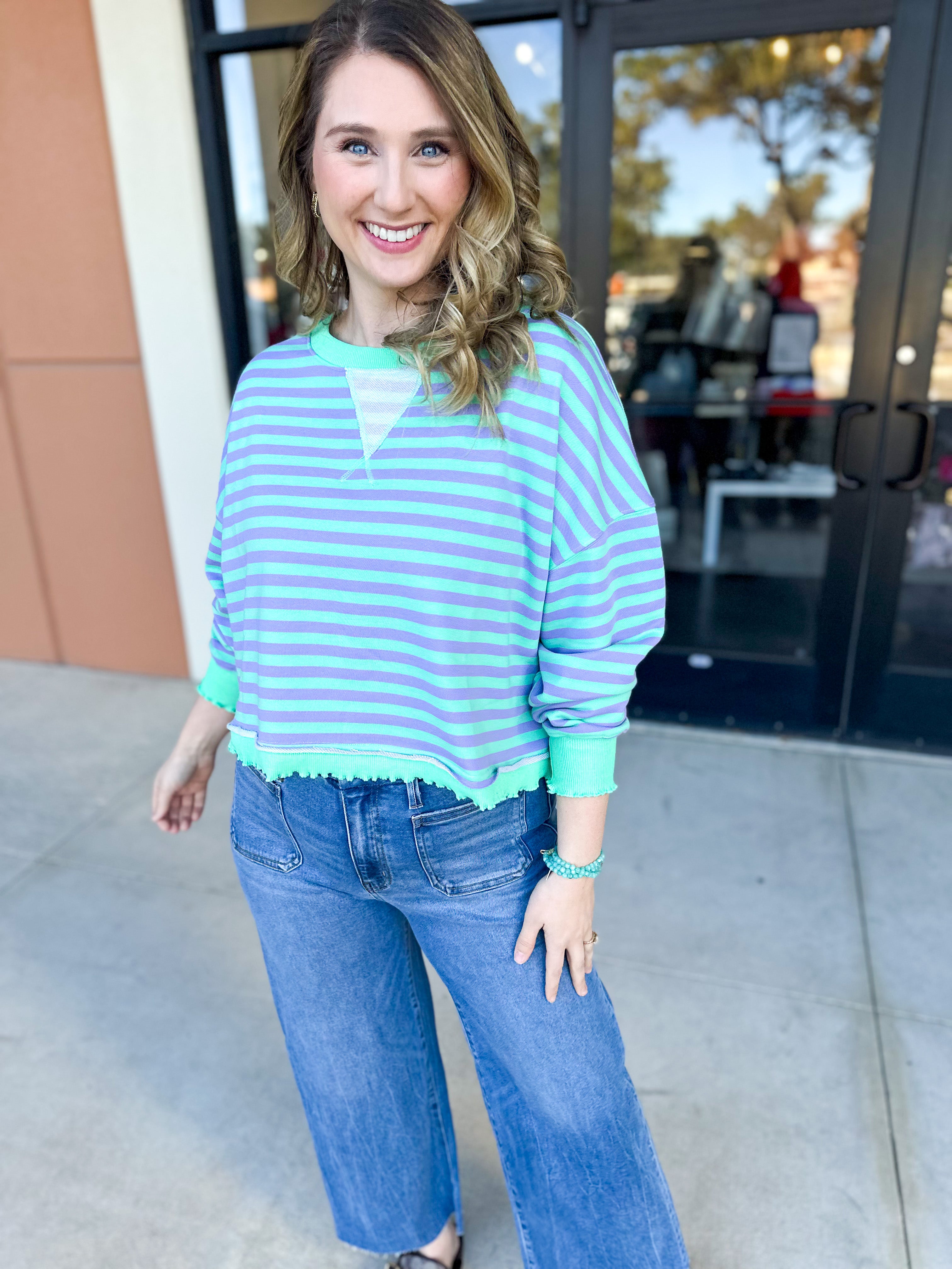 Seafoam Striped Long Sleeve Top-210 Casual Blouses-VEVERET CLOTHING-July & June Women's Fashion Boutique Located in San Antonio, Texas