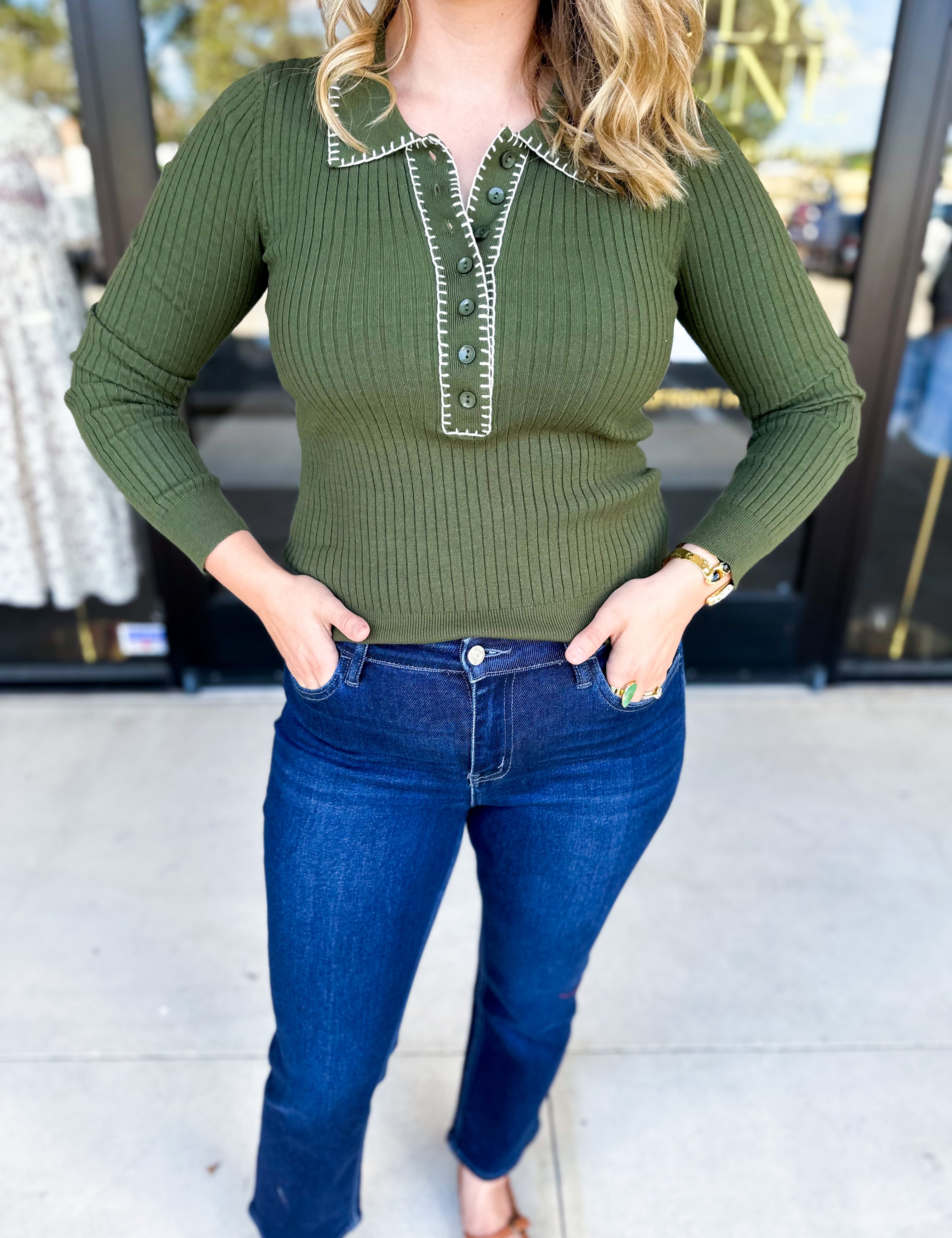 Tailored Knit Long Sleeve - Olive-230 Sweaters/Cardis-LISTICLE-July & June Women's Fashion Boutique Located in San Antonio, Texas