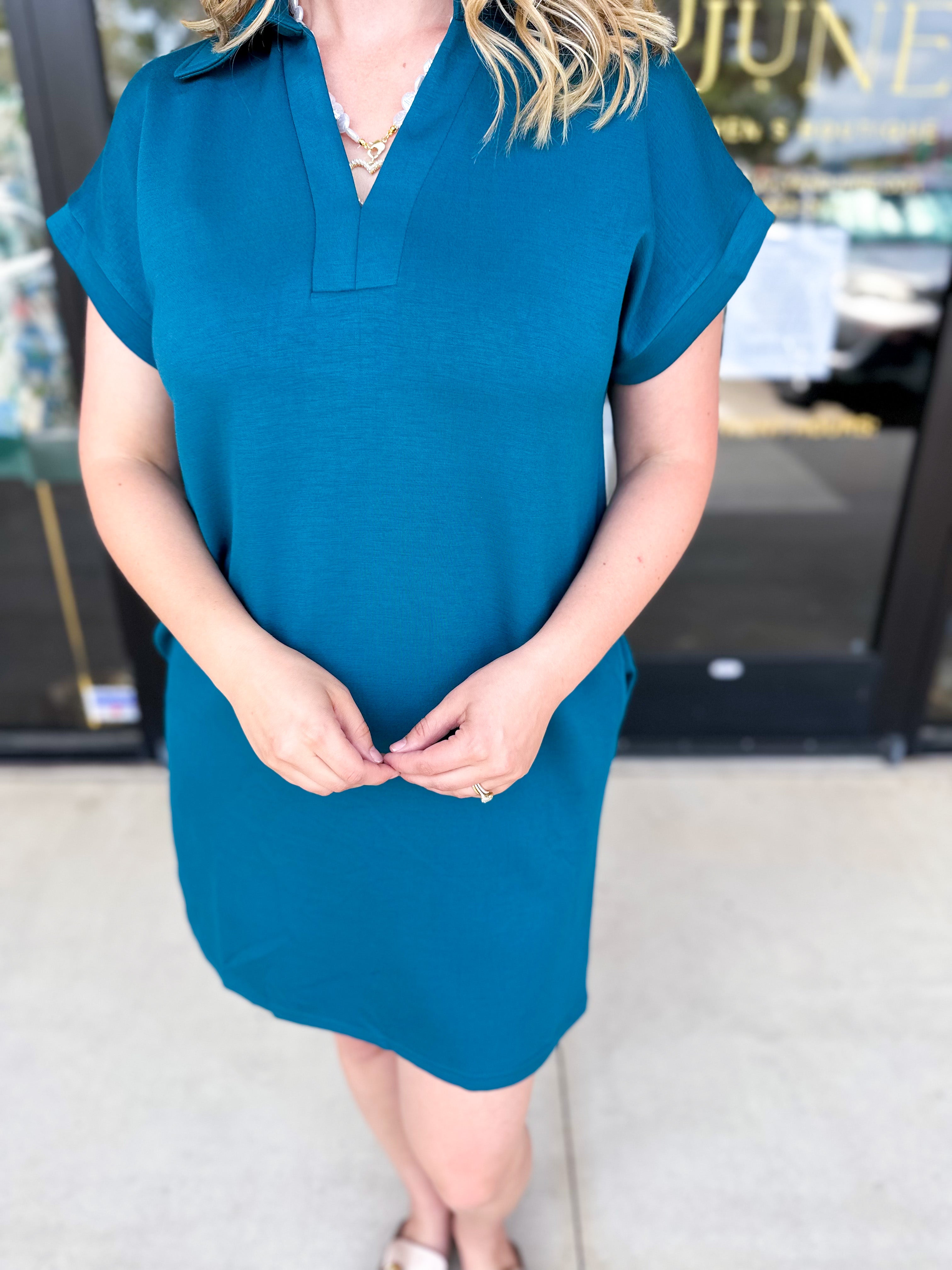 The Comfy Travel Midi Dress - Teal-510 Mini-ENTRO-July & June Women's Fashion Boutique Located in San Antonio, Texas
