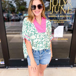 Green & Pink Floral Blouse-200 Fashion Blouses-ENTRO-July & June Women's Fashion Boutique Located in San Antonio, Texas