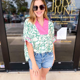 Green & Pink Floral Blouse-200 Fashion Blouses-ENTRO-July & June Women's Fashion Boutique Located in San Antonio, Texas